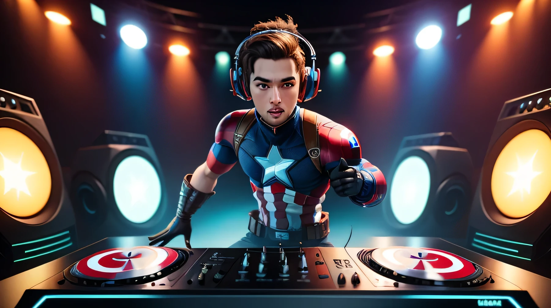 Mini character Hip hop Captain America with headphones and disco background and DJ machine, 3d art, c4d, oc render, 3d render, 8k