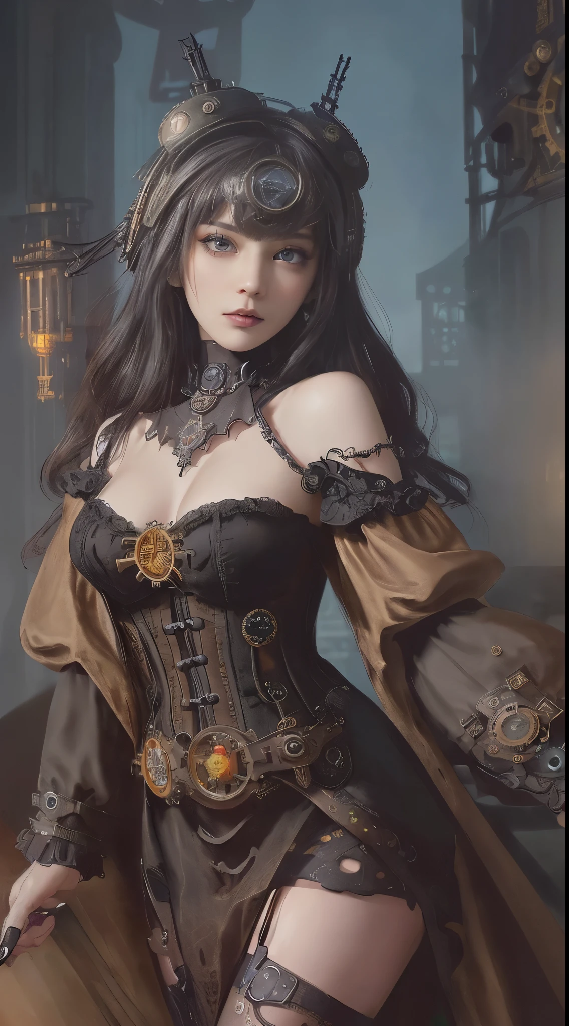 Wizard girl, (((Dynamic Action Pose, Invoke Magic, Mechanical Magic Weapons))), (((super top masterpiece))), (((super top quality))), (((super top detailed face))), (((female, age 14))), ((long slit, three very large crescent shaped eyes, very large eyes, dazzling dark gray eyes like jewels)), ((long eyelashes, very thin small nose, very small mouth, very thin upper lip, light-colored natural makeup)), ((Very slender and attractive body, very slender long legs), black lace stockings on the knee, (((steampunk headgear))), fluttering black lace flared mini skirt, (((off-shoulder black fashion with a fusion of detailed and intricate steampunk and detailed black gothic lolita))), upward and beautiful small breasts, (((Thick bangs))), Clean long black hair, long vertical curly hair, futuristic complex steampunk factory background, countless celestial neon lights raining down from the heavens, (((cinematic lighting decoration))), (((overall accuracy has been improved very dramatically, creating a very detailed and realistic image))), (((beautifully rendered with striking contrasts to enhance visual impact. It creates a very realistic, yet very dreamlike texture, immersing the viewer in a captivating visual experience))), super detailed background, (Dark and mysterious:1.2), (Gothic punk:1.4, Steampunk:1.4).