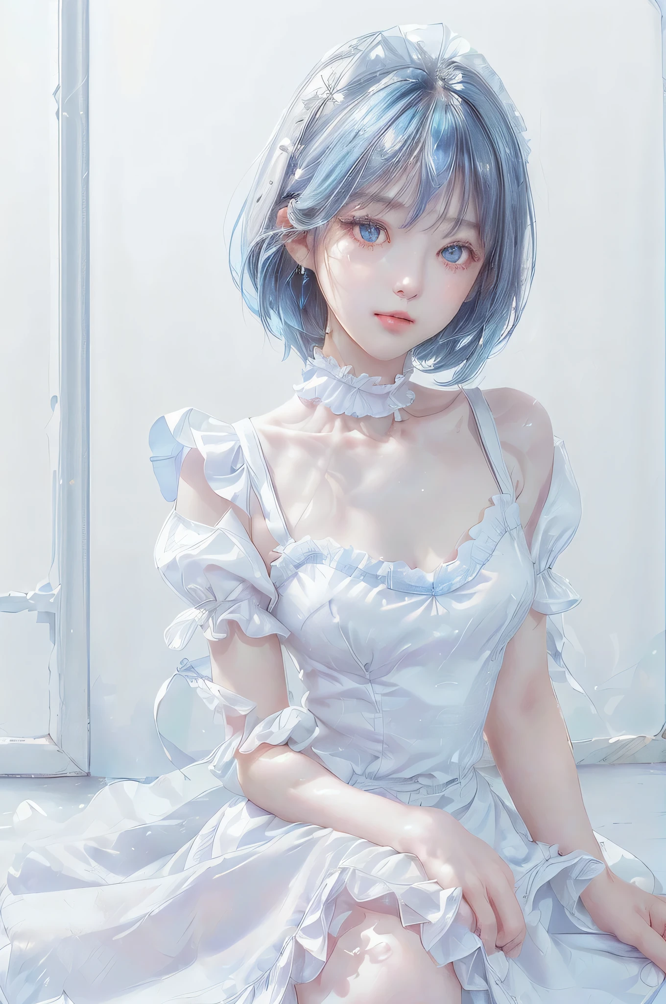 (Close-up:1.4)、(RAW shooting:1.2)、(photorealistic:1.4)、(masterpiece:1.3)、(highest quality:1.4)、solo、7 head and body、(slender and beautiful girl)、cute、(beautiful detailed eyes)、(charming big eyes)、(beautiful double eyelids)、(beautiful and detailed face)、(gentle smile:1.2)、(big breasts:1.2)、(cleavage)、(erect nipples:1.2)、(full body shot)、8K、(muste piece:1.2)、(pale blue hair、short bob:1.3)、(Bangs Patsun)、(headdress、white blouse、black ribbon、ruffle skirt、puff sleeves、collar、choker、white apron with fine frills：1.3)、White Knee High Socks、black maid costume、(Sexy model pose with chest sticking out:1.3)、cowboy shot、view audience、(small butt)、(beautiful hands)、(beautiful thighs)、cute系、(perfect anatomy:1.2)、ancient city、