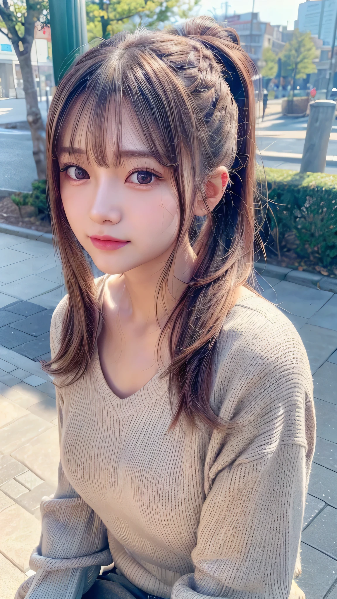 blush,,small breasts,winter,long hair ponytail,winter,wearing a long-sleeved knit sweater,wearing jeans,Enjoying dating,amusement park,close up of face,((8K, Raw photo, best quality, muste piece:1.2), (Reality, photorealistic:1.4), (Highly detailed 8K wallpaper), Depth of bounds written, cinematic lighting, soft light, detailed beauty eye,Shiny and smooth light brown ponytail, asymmetrical bangs, shiny skin, super detailed skin ,high resolution, high detail, detailed hairstyle, detailed beauty face, hyper real, perfect limbs, perfect anatomy ,1 Japanese girl,famous japanese idol, perfect female body,shy smile,short eyelashes,double-edged eyelids,look straight here,Hair style is ponytail,