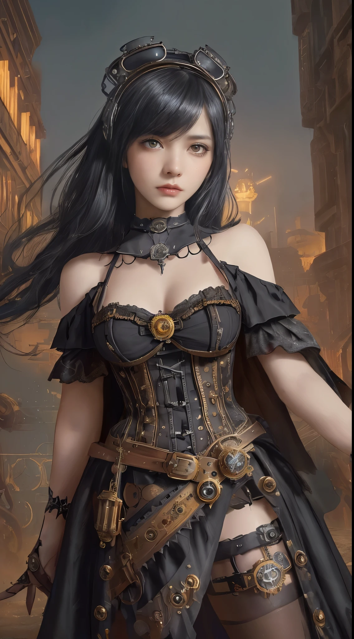 Wizard girl, (((Dynamic Action Pose, Invoke Magic, Mechanical Magic Weapons))), (((super top masterpiece))), (((super top quality))), (((super top detailed face))), (((female, age 14))), ((long slit, three very large crescent shaped eyes, very large eyes, dazzling dark gray eyes like jewels)), ((long eyelashes, very thin small nose, very small mouth, very thin upper lip, light-colored natural makeup)), ((Very slender and attractive body, very slender long legs), black lace stockings on the knee, (((steampunk headgear))), (((fluttering black lace flared skirt))), (((off-shoulder black fashion with a fusion of detailed and intricate steampunk and detailed black gothic lolita))), upward and beautiful small breasts, (((Thick bangs))), ((beautiful long black hair, curled vertically, is greatly disheveled by the wind)), futuristic complex steampunk factory background, countless celestial neon lights raining down from the heavens, (((cinematic lighting decoration))), (overall accuracy has been improved very dramatically, creating a very detailed and realistic image), (beautifully rendered with striking contrasts to enhance visual impact. It creates a very realistic, yet very dreamlike texture, immersing the viewer in a captivating visual experience), (super detailed background), (Gothic punk:1.4, Steampunk:1.4).