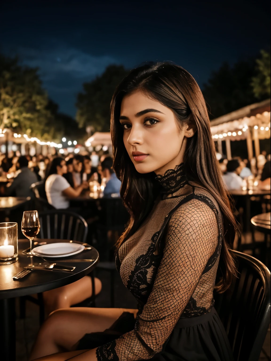 Raw photo, realistic,girl,Indian girl,age 22, full body,pale skin, body, beautiful face, detailed face,black fishnet sweater dress,big breasts, upper body, sitting, cowboy shot, outdoor, night, restaurant, ((looking at viewer:1.4)),((face towards me)), from below,side profile