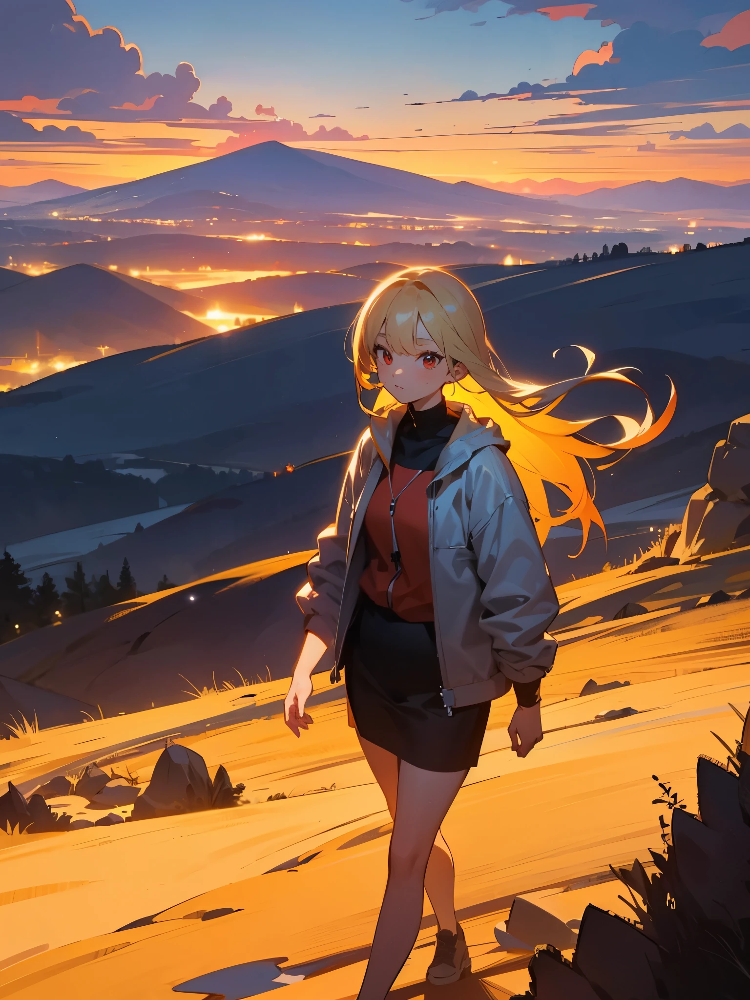 One girl. long blonde hair. Red eyes. mountain. sunset. walking. cloudy. 8k. Masterpiece. ultrasharp