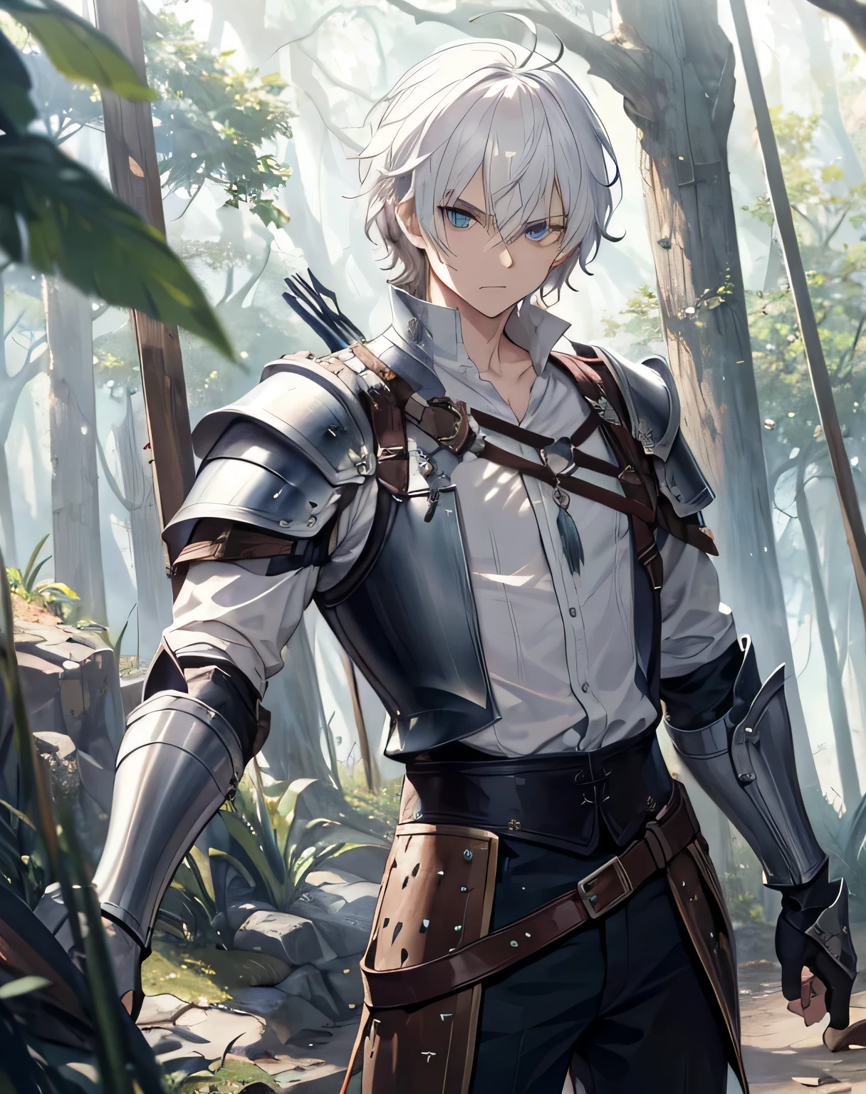 masterpiece, 1men, sparrow, a white haired men, wearing a medieval armor, curly short hair, messy hair, slim body, wearing knight armor, he close her left eye, shirt ornament, angry expression, aqua eyes, stand at forest, ahoge, leather armor, he is a hunter