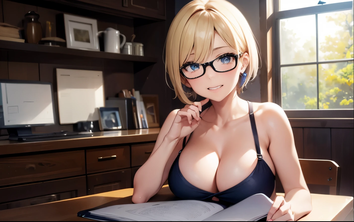 High resolution, 2D anime style,,blue eyes beautiful eyes,high and beautiful nose,thin face,blonde boyish short hair,Cool adult woman,Chest is slightly larger,she looks very happy,biting one's lips, she wears glasses,she narrows her eyes,Fashion that shows cleavage,studying at a desk by the window,sit in a chair,I'm wearing earphones,In a forest house surrounded by nature