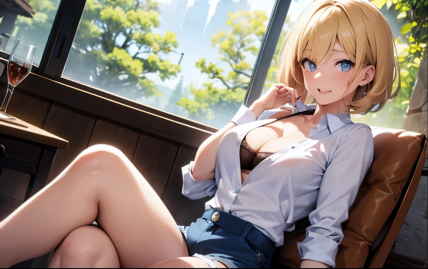 High resolution, 2D anime style,,blue eyes beautiful eyes,high and beautiful nose,thin face,blonde boyish short hair,Cool adult woman,Chest is slightly larger,she looks very happy,biting one's lips,she narrows her eyes,Fashion that shows cleavage,open shirt and shorts,studying at a desk by the window,sit in a chair,I'm wearing earphones,In a forest house surrounded by nature