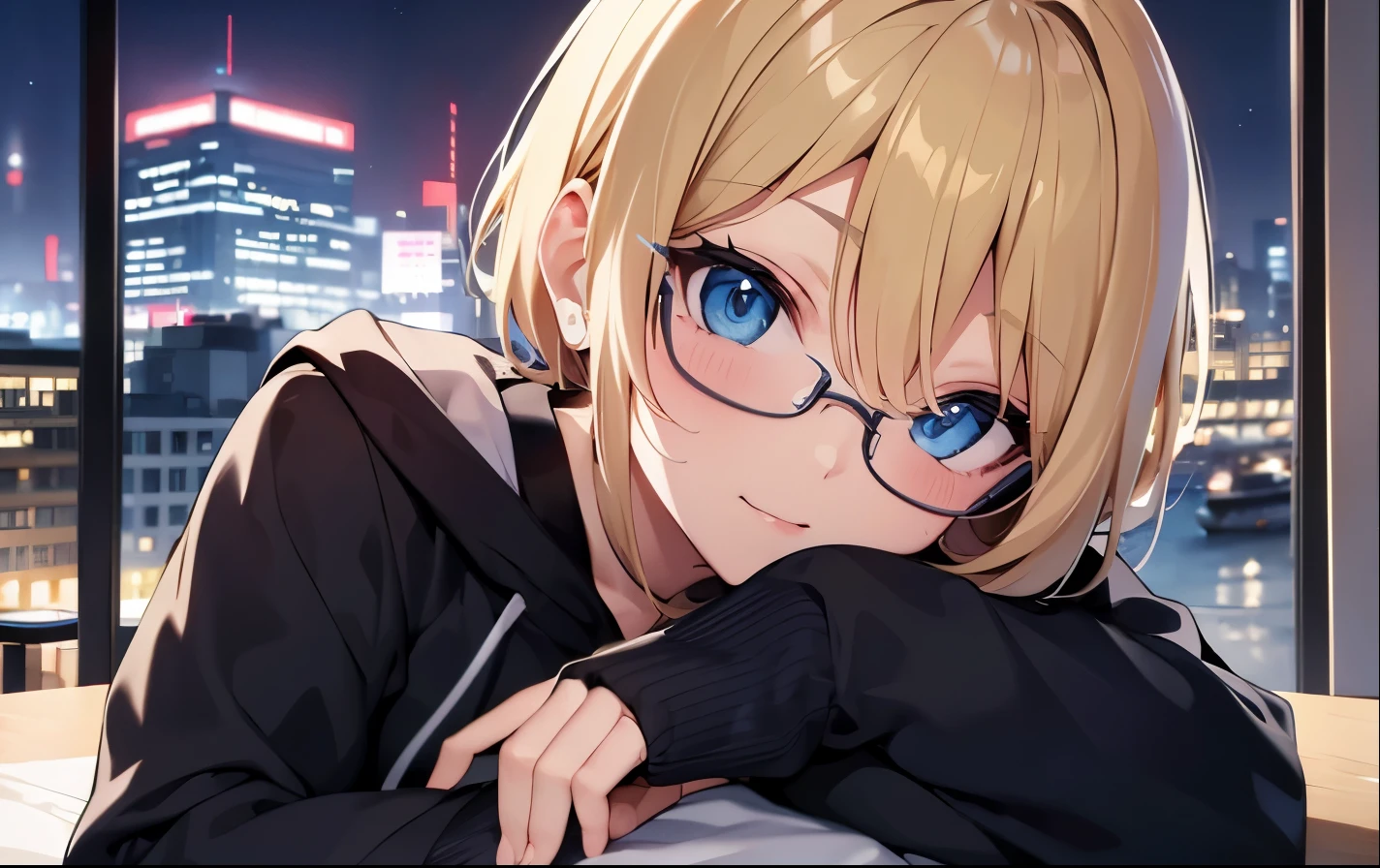 High resolution, 2D anime style,,blue eyes beautiful eyes,high and beautiful nose,thin face,blonde boyish short hair,Cool adult woman,Chest is slightly larger,she looks very happy,biting one&#39;s lips, she was very angry, she wears glasses,she narrows her eyes,Fashion that shows cleavage,I&#39;m studying by the window with earphones in my ears.,London cityscape at night
