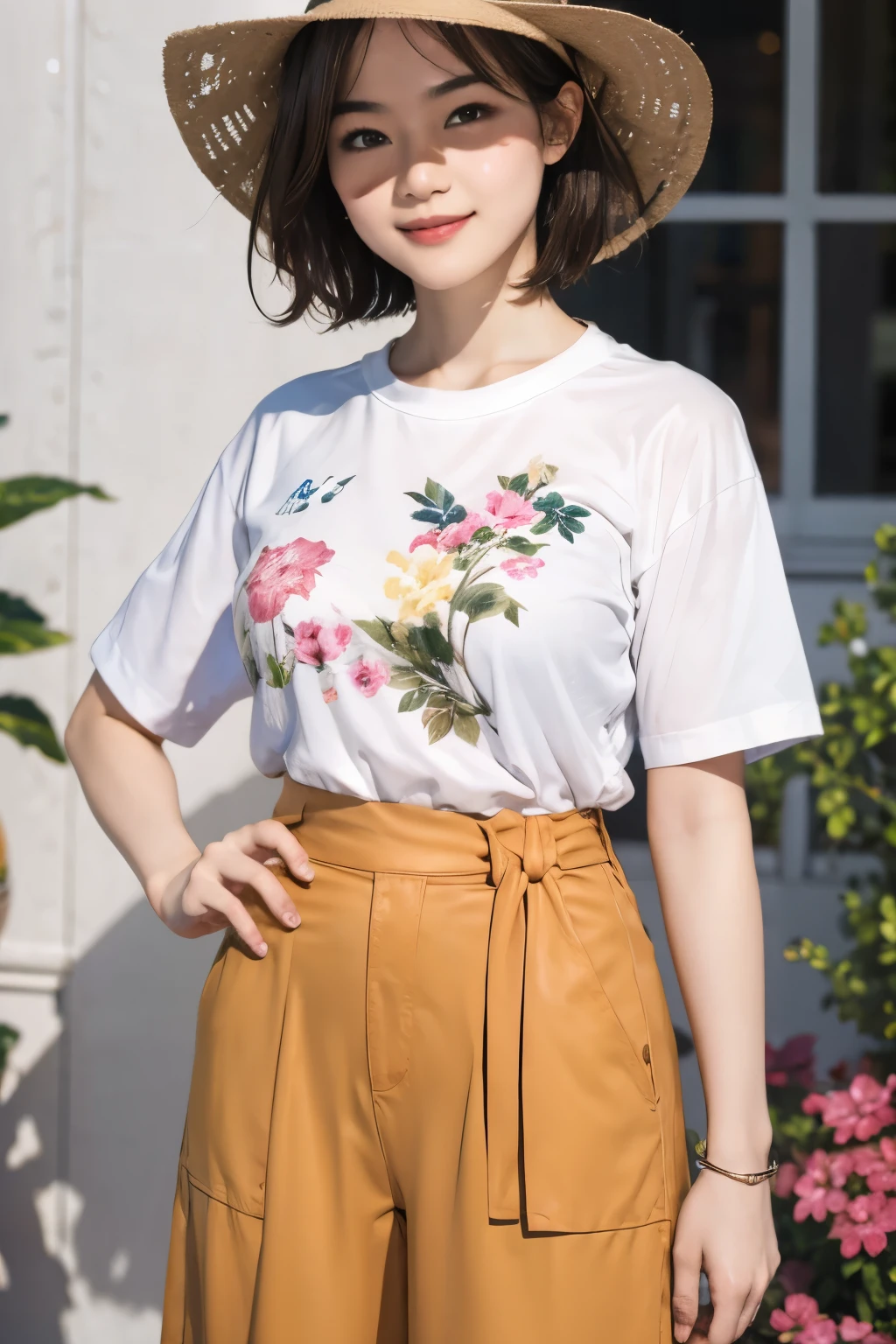 159
(Shorthair:1.46), (a 20 yo woman, standing), (A hyper-realistic), (Masterpiece), (8KUHD), (gentle smile), Slender waist, ((Floral Clothing - T-Shirts)), (abstract splash painting), (breasts:1.3), (口紅), panama hat