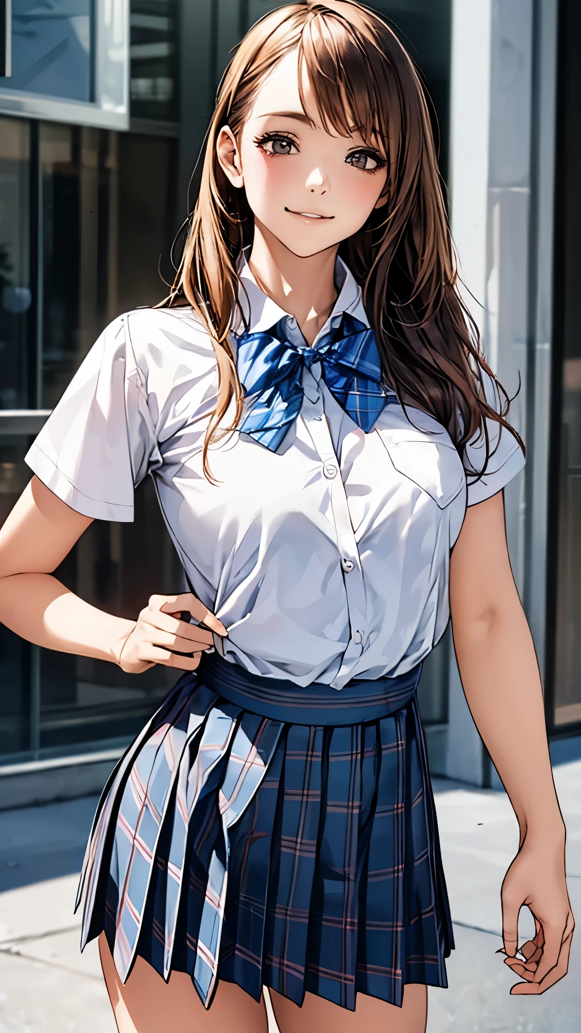 (masterpiece:1.2, top-quality), (realistic, photorealistic:1.4), beautiful illustration, (natural side lighting, movie lighting), 
looking at viewer, 1 girl, japanese, high school girl, perfect face, cute and symmetrical face, shiny skin, slender,
(middle hair:1.5, straight hair, light brown), parted bangs, long eye lasher, large breasts:0.8, 
beautiful hair, beautiful face, beautiful detailed eyes, beautiful clavicle, beautiful body, beautiful chest, beautiful thigh, beautiful legs, beautiful fingers, 
((short sleeve collared white shirt, school uniform, blue checked pleated skirt, blue plaid bow tie)), pink panties, 
(beautiful scenery), morning, (down town), standing, (cute, lovely smile, upper eyes), 