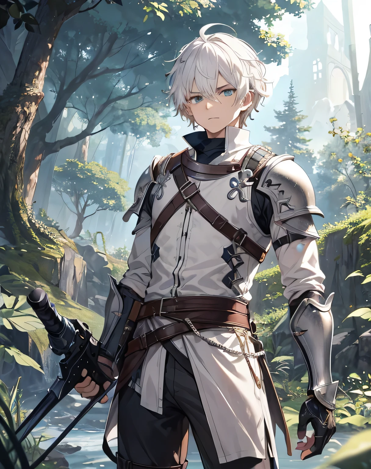 masterpiece, 1men, sparrow, a white haired men, wearing a medieval armor, curly short hair, messy hair, slim body, wearing knight armor, he close her left eye, shirt ornament, angry expression, aqua eyes, stand at forest, ahoge, leather armor, he is a hunter