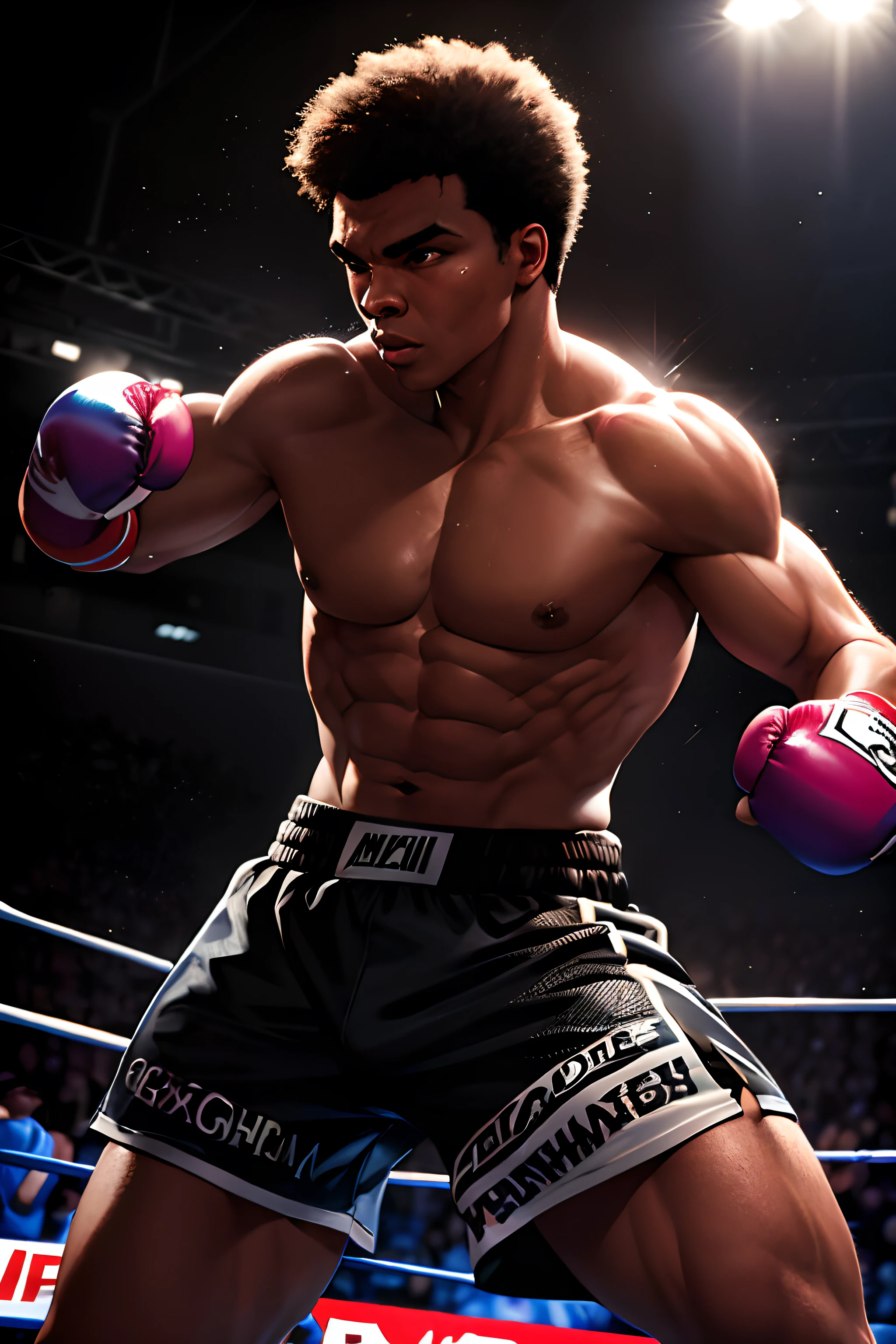 Boxeador americano Muhammad Ali,average:illustration,olhos e rosto extremamente detalhados,beautiful detailed lips,Strong muscle building,confident expression,postura de luta,usando luvas e shorts de boxe,No ringue,contra um fundo escuro,HDR lighting,cores vibrantes,efeito foto-realista