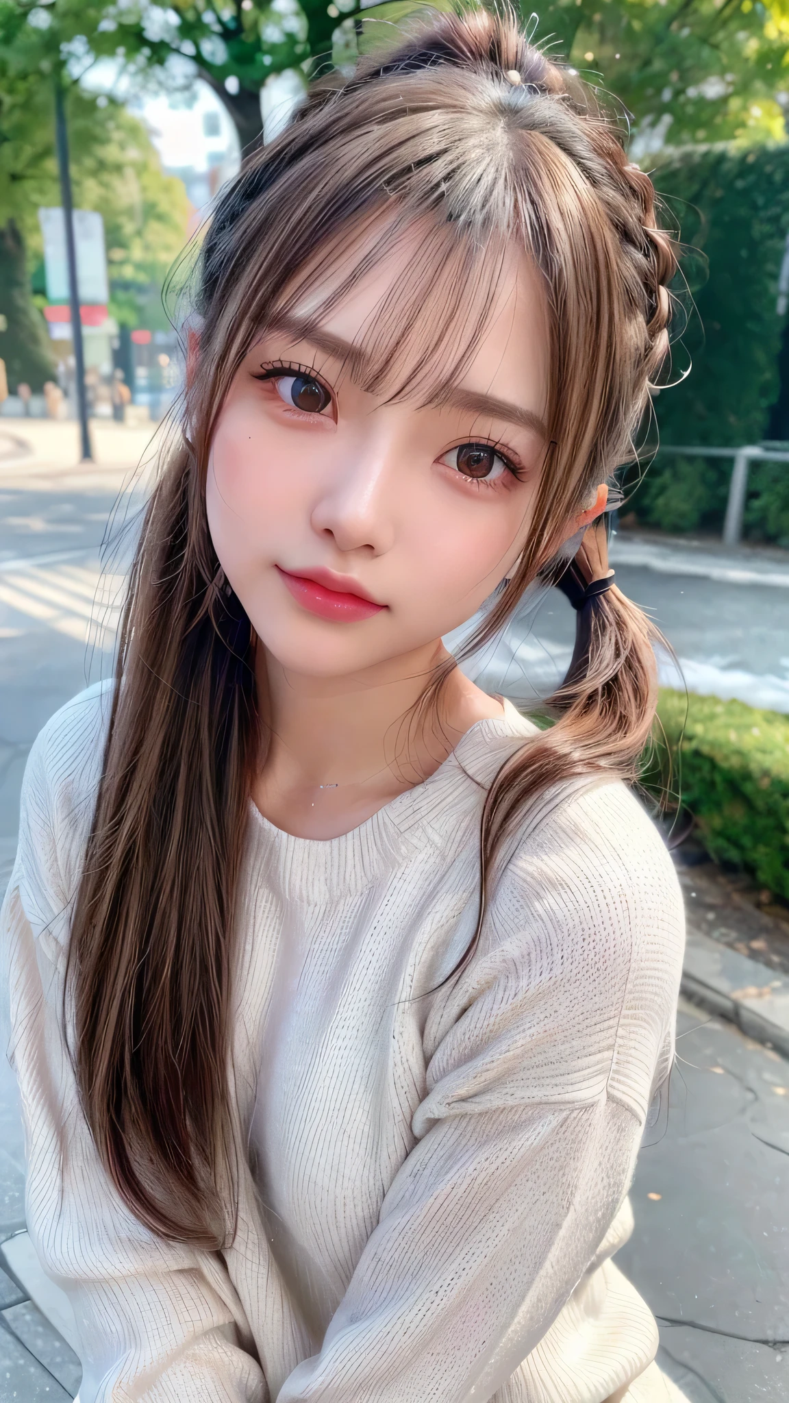 blush,14 years old,small breasts,winter,long hair ponytail,winter,wearing a white long-sleeved knit sweater,wearing jeans,Enjoying dating,amusement park,close up of face,((8K, Raw photo, best quality, muste piece:1.2), (Reality, photorealistic:1.4), (Highly detailed 8K wallpaper), Depth of bounds written, cinematic lighting, soft light, detailed beauty eye,Shiny and smooth light brown ponytail, asymmetrical bangs, shiny skin, super detailed skin ,high resolution, high detail, detailed hairstyle, detailed beauty face, hyper real, perfect limbs, perfect anatomy ,1 Japanese girl,famous japanese idol, perfect female body,shy smile,short eyelashes,double-edged eyelids,look straight here,Hair style is ponytail,