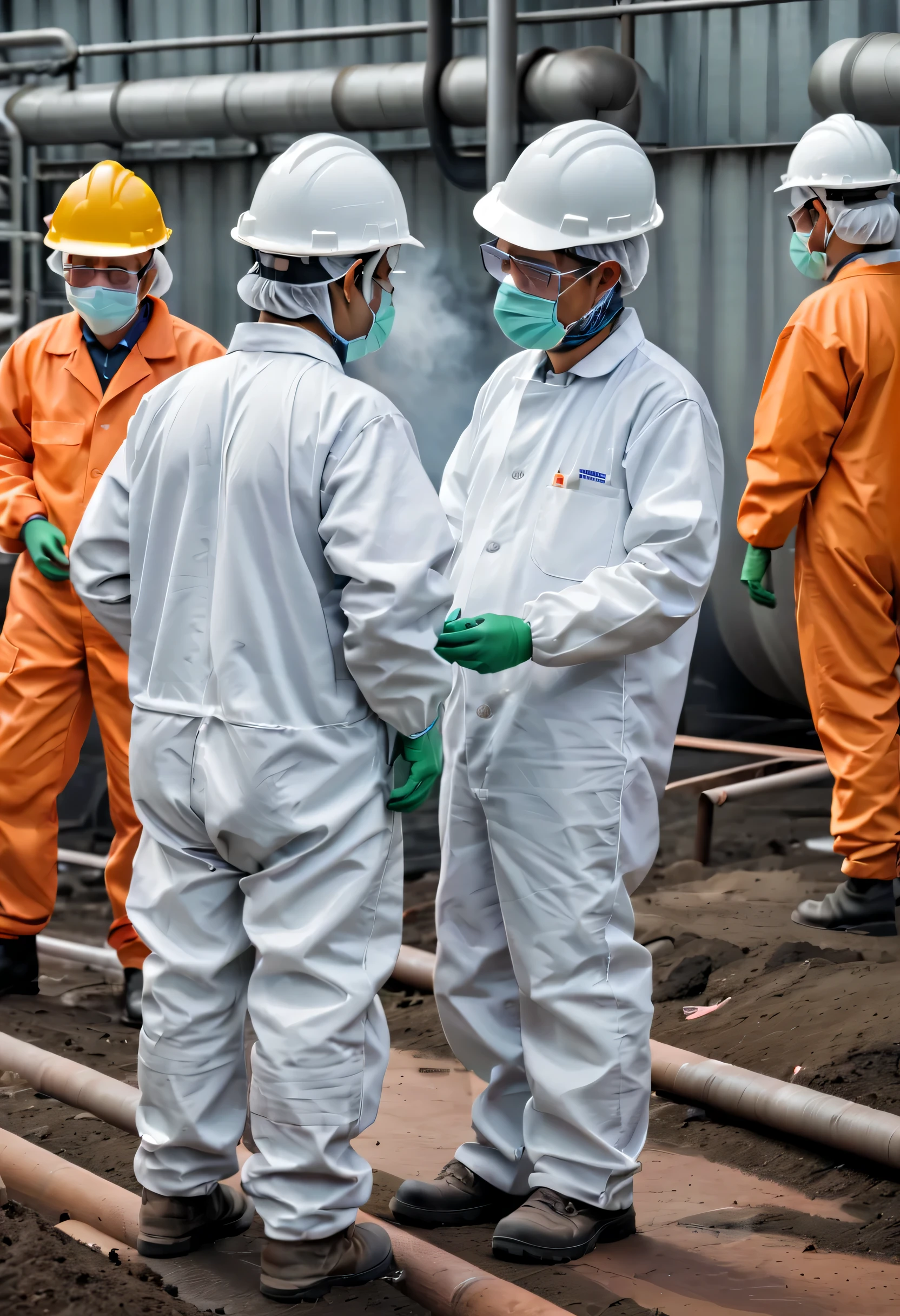 factory,(best quality,highres),industrial,smokestack,chimney,pollution,environment,greenhouse gases,chemical waste,waste disposal,hazardous,waste management,recycling,efficiency,technology,controlled release,contained,machinery,conveyor belt,workers,protective gears,hard hats,safety goggles,chemical suits,lab coats,mask,respirator,sterile,sterilization,sterile environment,steel tanks,pipelines,effluent treatment,organic matter,fermentation process,organic waste,biogas,energy production,biomass,odor control,agriculture,agricultural industry,agricultural impact,fertilizer production,fertilizer usage,soil fertility,agricultural productivity,plant nutrients,chemical composition,manufacturing process,1men wearing white safety helmet and orange wearpack uniform while writing on a logsheet,boiler,package boiler,
