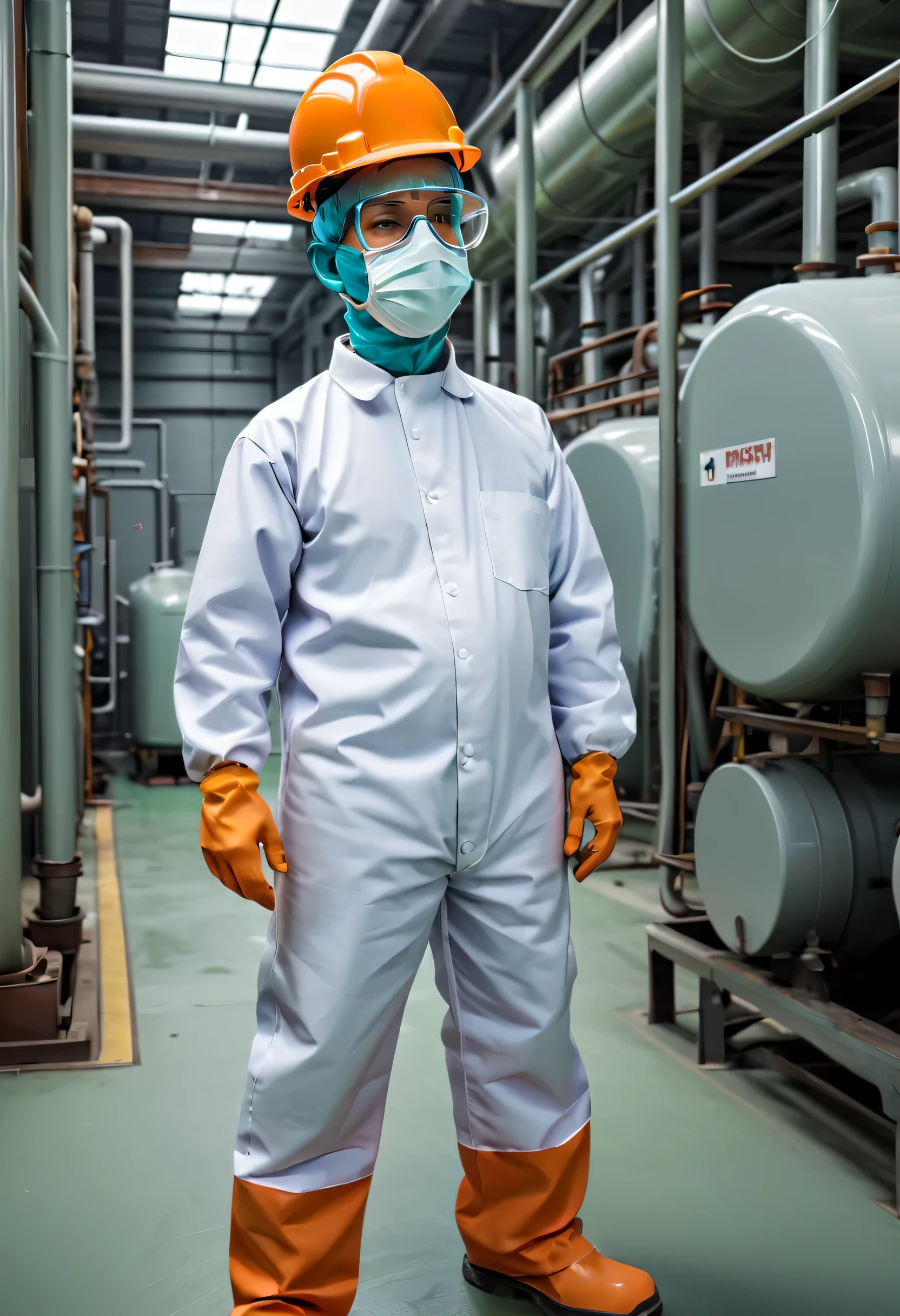 factory,(best quality,highres),industrial,smokestack,chimney,pollution,environment,greenhouse gases,chemical waste,waste disposal,hazardous,waste management,recycling,efficiency,technology,controlled release,contained,machinery,conveyor belt,workers,protective gears,hard hats,safety goggles,chemical suits,lab coats,mask,respirator,sterile,sterilization,sterile environment,steel tanks,pipelines,effluent treatment,organic matter,fermentation process,organic waste,biogas,energy production,biomass,odor control,agriculture,agricultural industry,agricultural impact,fertilizer production,fertilizer usage,soil fertility,agricultural productivity,plant nutrients,chemical composition,manufacturing process,1men wearing white safety helmet and orange wearpack uniform while writing on a logsheet,boiler,package boiler,