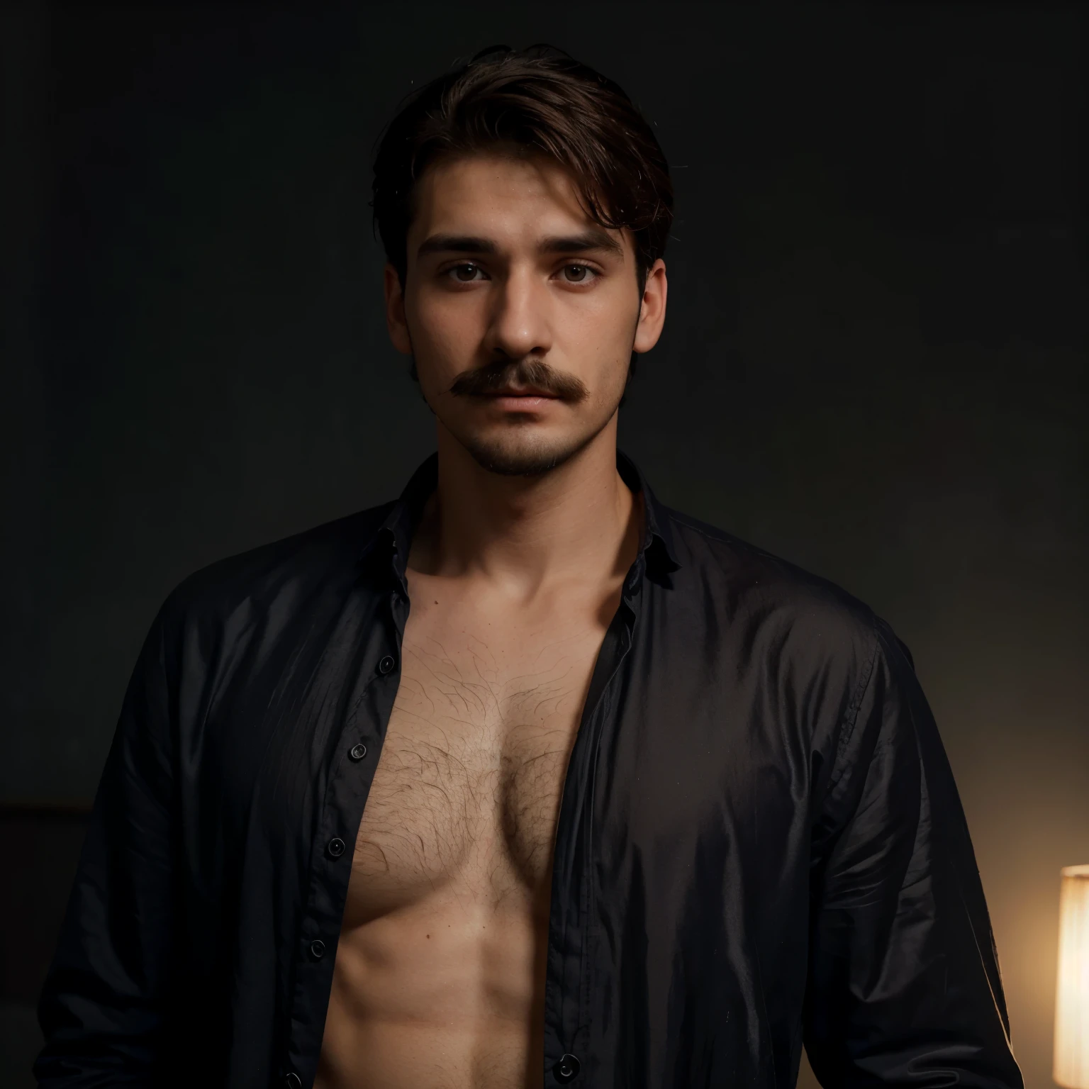 26-year-old man, alto y delgado, vestido con ropa victoriana oscura. Bigote y patillas, pelo corto un poco rizado; ojos marrones claros y profundos. Light almost pale skin.
