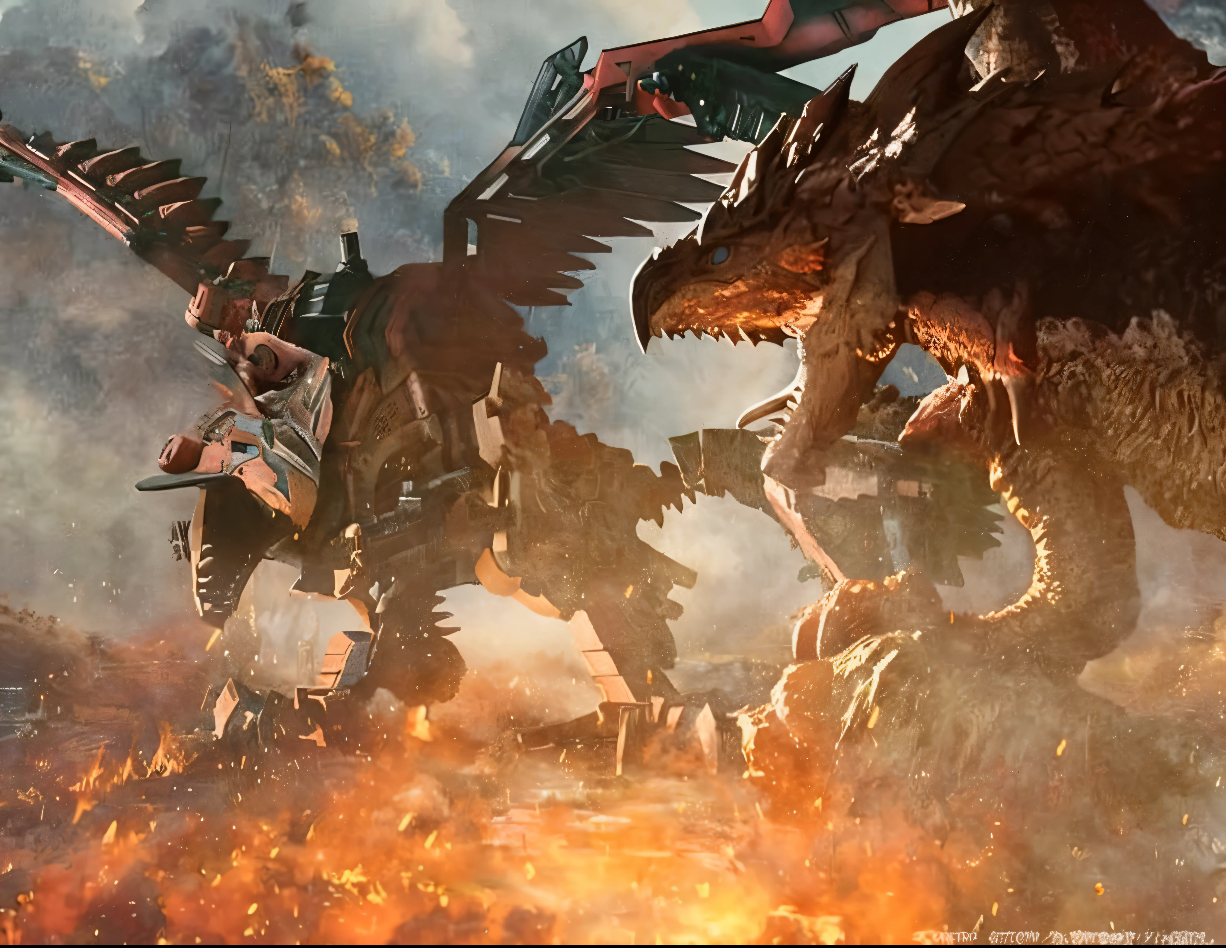 godzillas attacking a giant dragon in a battle with a man on a horse, zoids art, zoids, epic battle scene, battle with dragon, hyperrealistic d & d fantasy art, cg art, monster hunter the movie, epic battlescene, deathwing, by Yang J, warhammer art, by Han Gan, by Arthur Pan, warhammer 4 0 k artwork