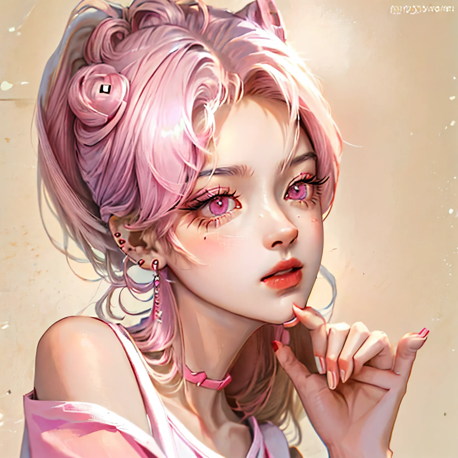 Anime girl with skinny face, lip gloss, hot pink eyes, a high brown ponytail with a swoop to the right side, silver earring studs, a pink croptop tee, french tip nails, and slightly looks like ariana grande