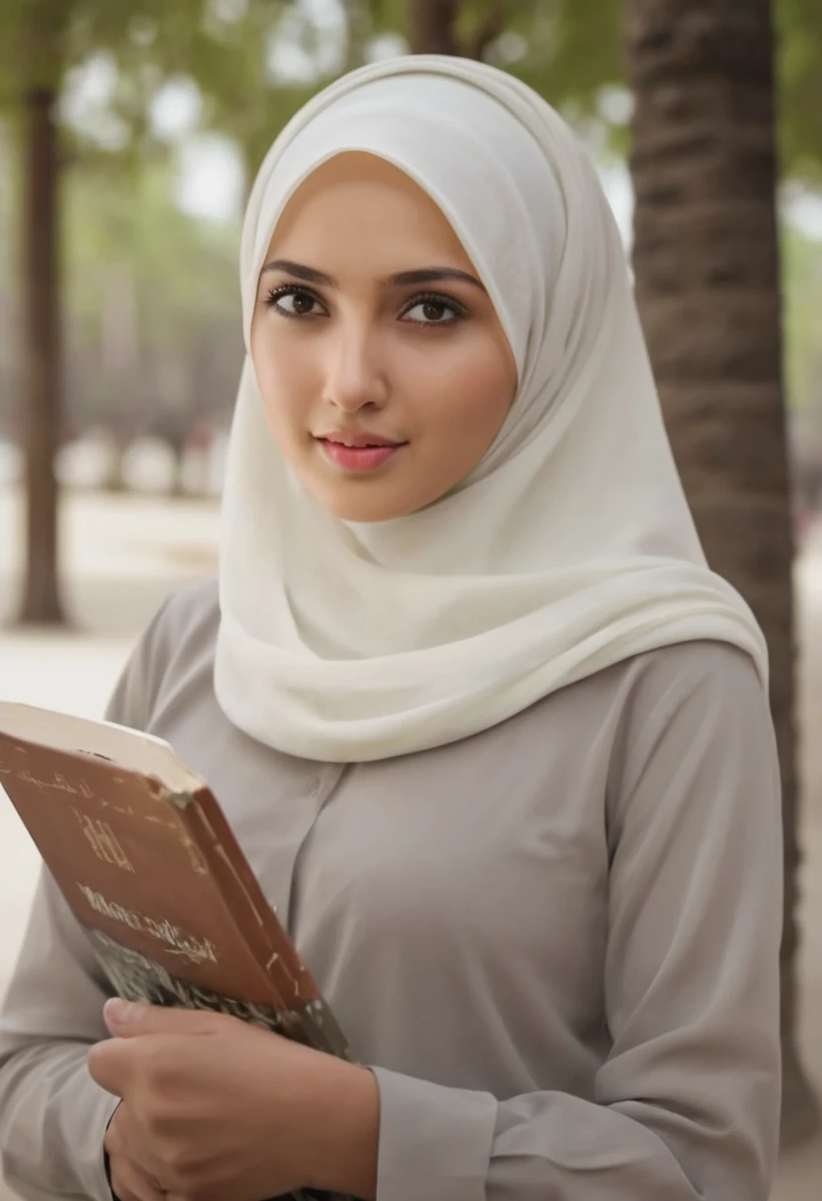 1girl, solo, beautiful face, high detailed realistic eyes, double eyelids, high detailed realistic pupils, (upon body from head to waist:1.36), (wearing hijab:1.37), (moslem headscarf:1.37), reading glasses, sitting alone on a long chair, amazing mosque park background, taj mahal, best quality, masterpiece, highres, black and white moslem female dress, Beautiful face, (upon body from head to waist:1.35), tyndall effect, photorealistic, dark studio, two tone lighting, 8k uhd, dslr, soft lighting, high quality, volumetric lighting, candid, Photograph, high resolution, 4k, 8k, Bokeh, (hyperrealistic girl), (illustration), (high resolution), (extremely detailed), (best illustration), (beautiful detailed eyes), (best quality), (ultra-detailed), (masterpiece), (wallpaper), (photorealistic), (natural light), (rim lighting), (detailed face), (high detailed realistic skin face texture), (anatomically correct), (heterochromic eyes), (detailed eyes), (sparkling eyes), (dynamic pose), (hair completely covered by the hijab:1.35), looking to viewer