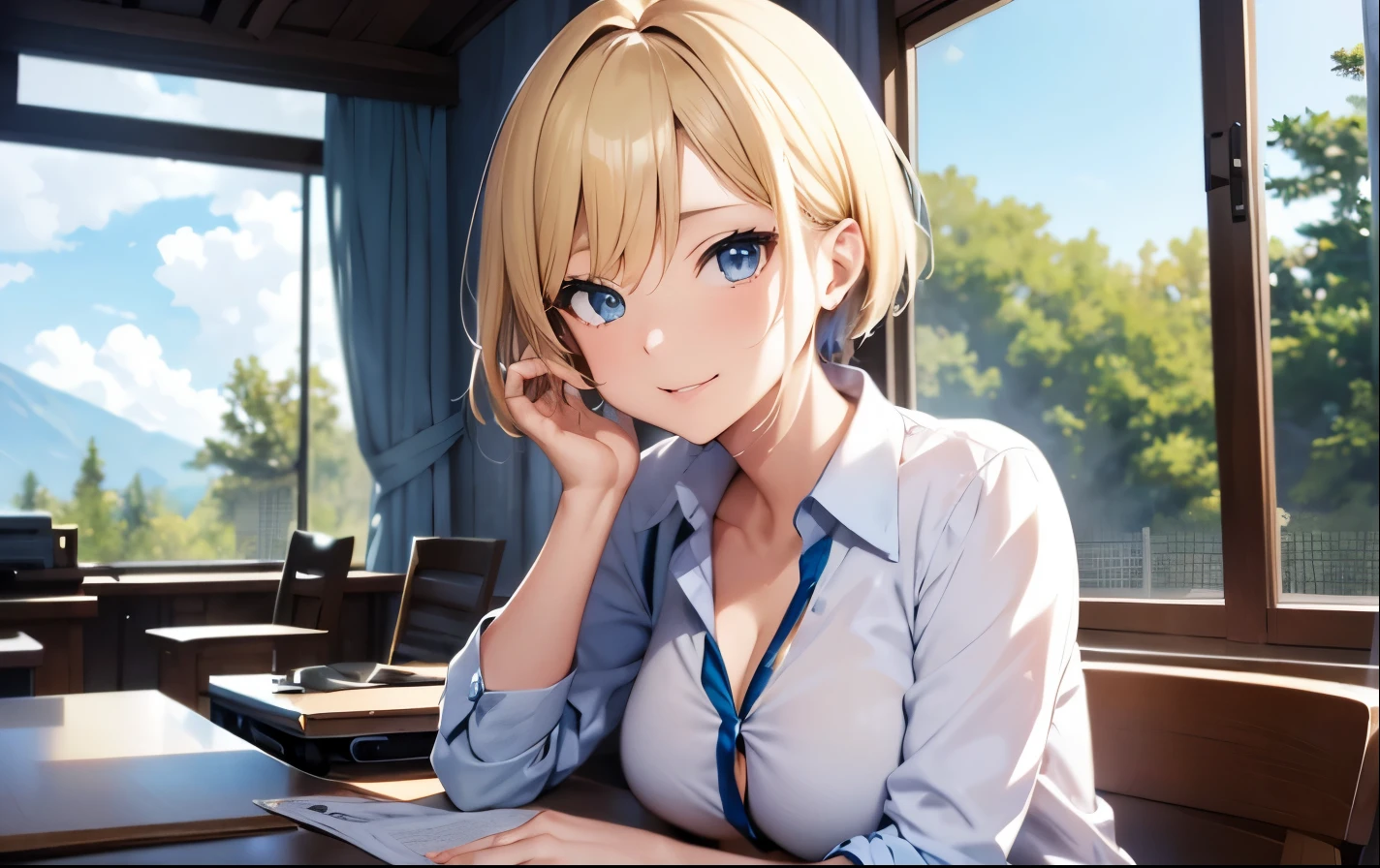 High resolution, 2D anime style,,blue eyes beautiful eyes,high and beautiful nose,thin face,blonde boyish short hair,Cool adult woman,Chest is slightly larger,she looks very happy,biting one&#39;s lips,she narrows her eyes,Fashion that shows cleavage,open shirt and shorts,studying at a desk by the window,sit in a chair,I&#39;m wearing earphones,In a forest house surrounded by nature
