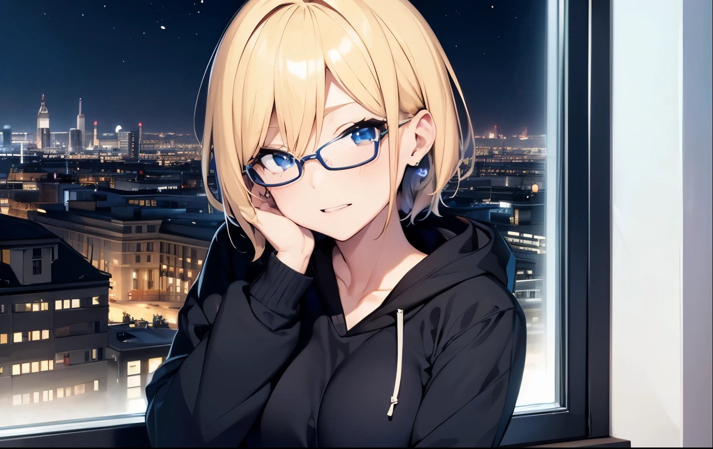 High resolution, 2D anime style,,blue eyes beautiful eyes,high and beautiful nose,thin face,blonde boyish short hair,Cool adult woman,Chest is slightly larger,she looks very happy,biting one&#39;s lips, she was very angry, she wears glasses,she narrows her eyes,Fashion that shows cleavage,wearing a hoodie,I&#39;m studying by the window with earphones in my ears.,London cityscape at night
