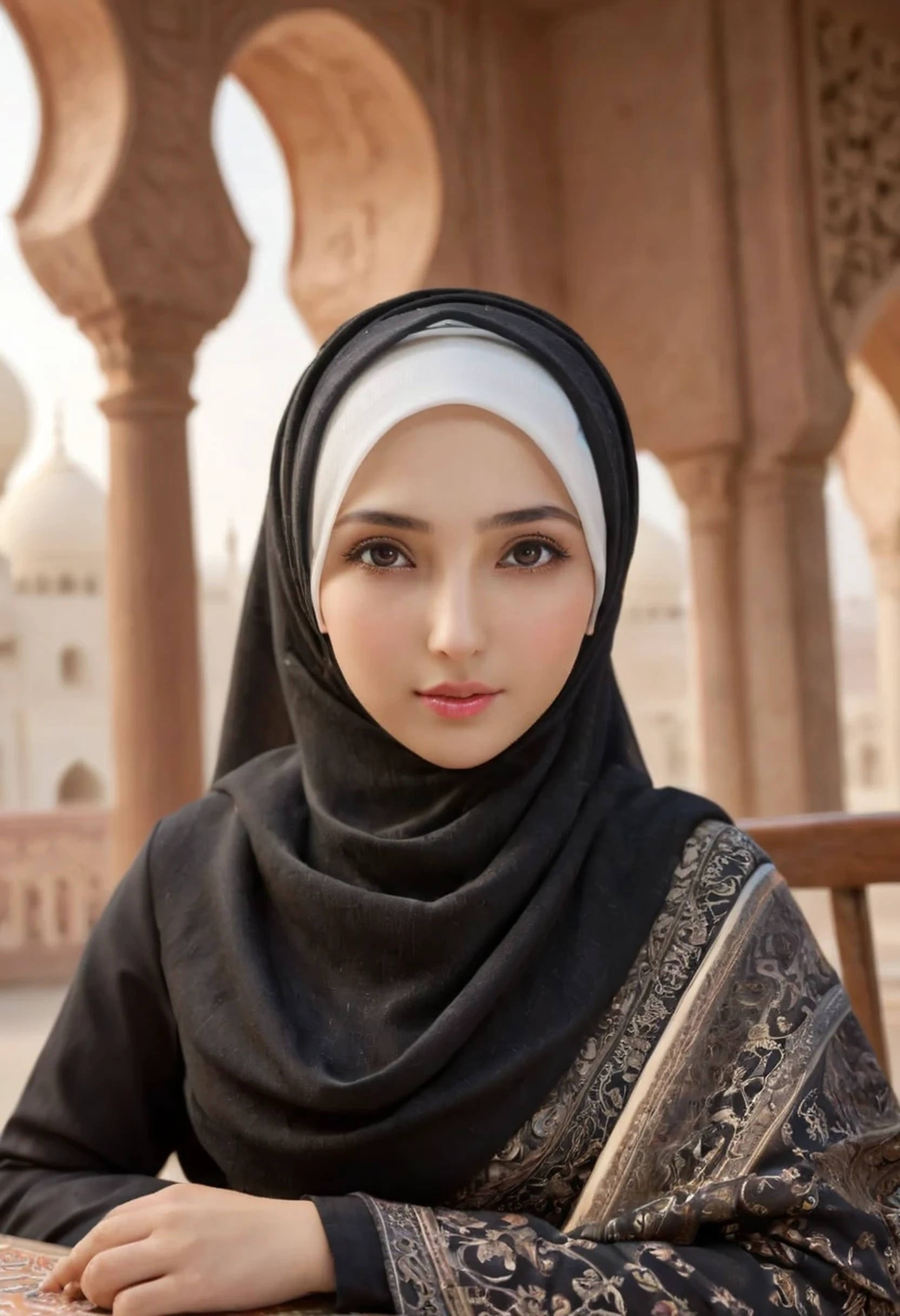 1girl, solo, beautiful face, high detailed realistic eyes, double eyelids, high detailed realistic pupils, (upon body from head to waist:1.36), (wearing hijab:1.37), (moslem headscarf:1.37), reading glasses, sitting alone on a long chair, amazing mosque park background, taj mahal, best quality, masterpiece, highres, black and white moslem female dress, Beautiful face, (upon body from head to waist:1.35), tyndall effect, photorealistic, dark studio, two tone lighting, 8k uhd, dslr, soft lighting, high quality, volumetric lighting, candid, Photograph, high resolution, 4k, 8k, Bokeh, (hyperrealistic girl), (illustration), (high resolution), (extremely detailed), (best illustration), (beautiful detailed eyes), (best quality), (ultra-detailed), (masterpiece), (wallpaper), (photorealistic), (natural light), (rim lighting), (detailed face), (high detailed realistic skin face texture), (anatomically correct), (heterochromic eyes), (detailed eyes), (sparkling eyes), (dynamic pose), (hair completely covered by the hijab:1.35), looking to viewer