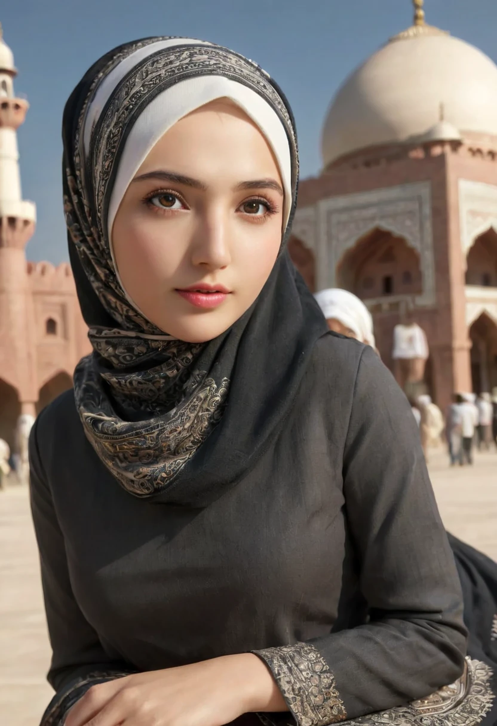 1girl, solo, beautiful face, high detailed realistic eyes, double eyelids, high detailed realistic pupils, (upon body from head to waist:1.36), (wearing hijab:1.37), (moslem headscarf:1.37), reading glasses, sitting alone on a long chair, amazing mosque park background, taj mahal, best quality, masterpiece, highres, black and white moslem female dress, Beautiful face, (upon body from head to waist:1.35), tyndall effect, photorealistic, dark studio, two tone lighting, 8k uhd, dslr, soft lighting, high quality, volumetric lighting, candid, Photograph, high resolution, 4k, 8k, Bokeh, (hyperrealistic girl), (illustration), (high resolution), (extremely detailed), (best illustration), (beautiful detailed eyes), (best quality), (ultra-detailed), (masterpiece), (wallpaper), (photorealistic), (natural light), (rim lighting), (detailed face), (high detailed realistic skin face texture), (anatomically correct), (heterochromic eyes), (detailed eyes), (sparkling eyes), (dynamic pose), (hair completely covered by the hijab:1.35), looking to viewer