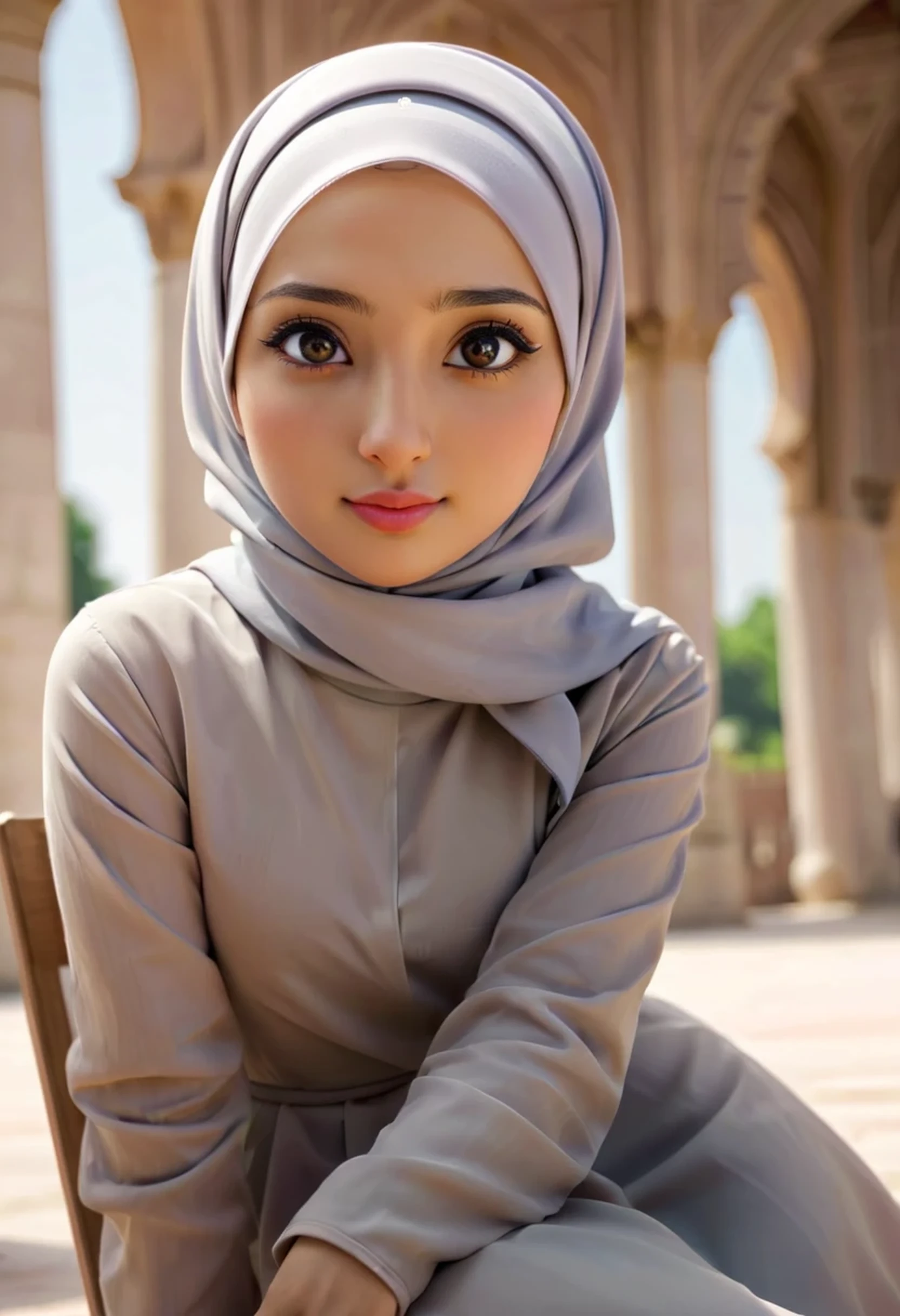 1girl, solo, beautiful face, high detailed realistic eyes, double eyelids, high detailed realistic pupils, (upon body from head to waist:1.36), (wearing hijab:1.37), (moslem headscarf:1.37), reading glasses, sitting alone on a long chair, amazing mosque park background, taj mahal, best quality, masterpiece, highres, black and white moslem female dress, Beautiful face, (upon body from head to waist:1.35), tyndall effect, photorealistic, dark studio, two tone lighting, 8k uhd, dslr, soft lighting, high quality, volumetric lighting, candid, Photograph, high resolution, 4k, 8k, Bokeh, (hyperrealistic girl), (illustration), (high resolution), (extremely detailed), (best illustration), (beautiful detailed eyes), (best quality), (ultra-detailed), (masterpiece), (wallpaper), (photorealistic), (natural light), (rim lighting), (detailed face), (high detailed realistic skin face texture), (anatomically correct), (heterochromic eyes), (detailed eyes), (sparkling eyes), (dynamic pose), (hair completely covered by the hijab:1.35), looking to viewer