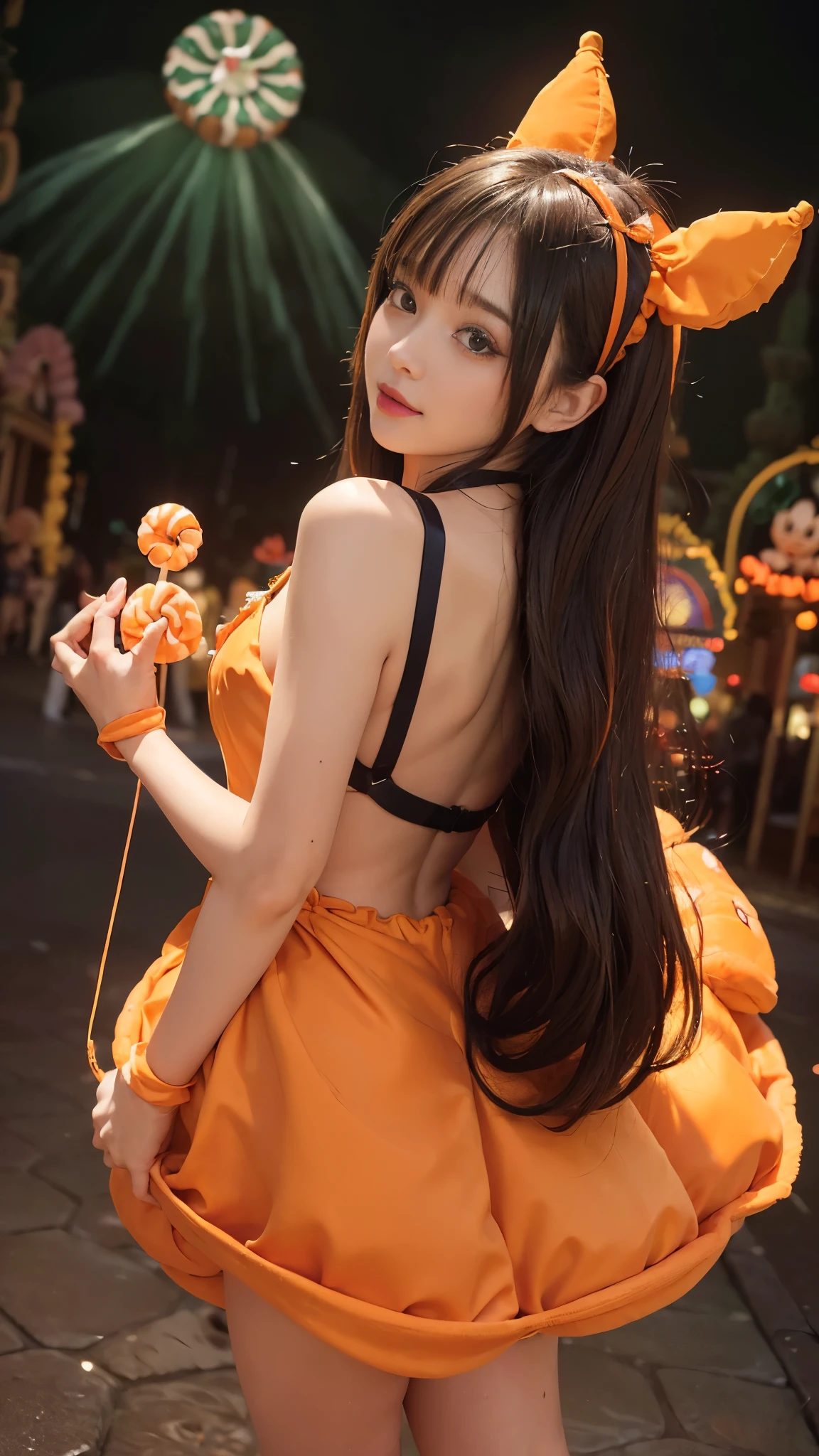8k, (ultra hd:1.2), (masterpiece:1.5), 1 girl, cute face, very long hair,  detailed eyes, small breasts, baby doll costume, (orange costume:1.4), (strap:1.4), (fantasy:1.4), (candy world Disney land:1.5), ethereal soft fluffy soft landscape background, hyper realistic Ultra quality cinematic lighting, immense detail, Full hd, perfect body, back pose, 