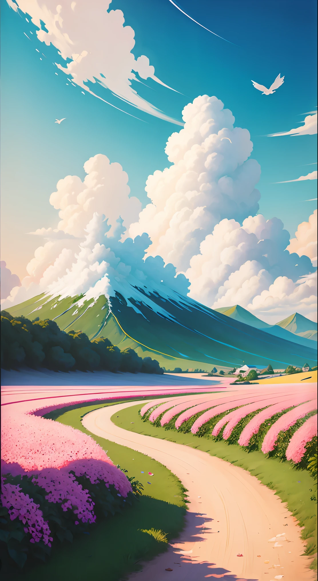 Flower field painting of birds flying in the sky, pintura detalhada 4k, drawn in anime artist studio, in white cloud wonderland, desenhado por Yang J, Anime Beautiful Peaceful Scene, pintura digital de alta qualidade, lindas nuvens flutuantes. anime, lindas cenas de anime, Rosa Tran. fundo da paisagem, linda pintura digital, white cloud fairyland --v6