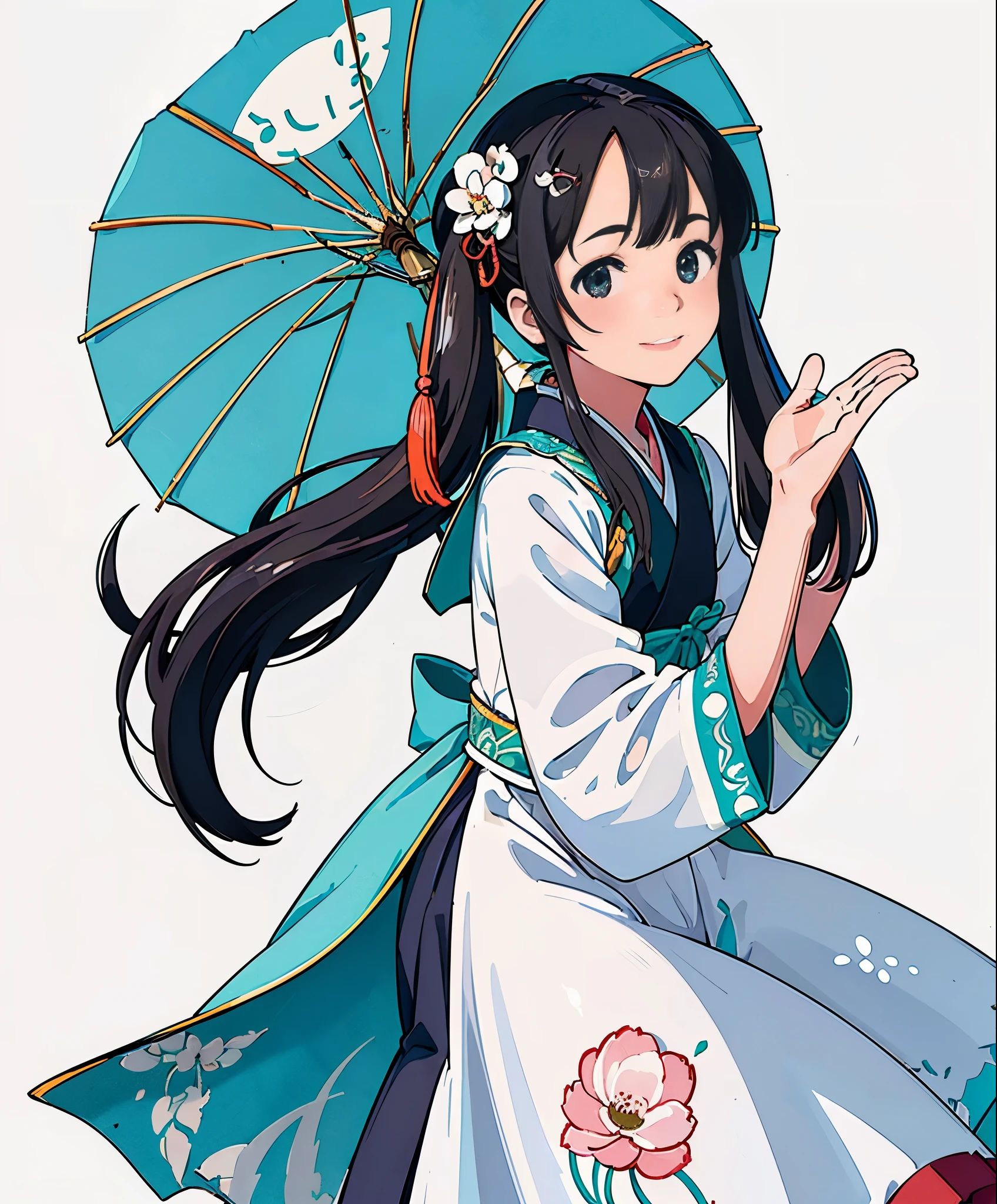 (masterpiece、highest quality、highest quality、official art、beautiful beautiful:1.2)、(1 girl:1.3)Hatsune Miku、beautiful breasts、twin tails、adorable笑顔、very detailed、16 year old girl,wave your hands loudly,Summery white dress,1sticker,handbook,(sticker,1 girl,Ming Dynasty Chinese clothes,Gorgeous collared top,pleated long skirt,Hanfu,embroidery,hairpin,bamboo,moss,pavilion), watercolor,white background, simple back gown, cent, adorable, small, pastel colour, vector style, Not graded,background classical chinese style