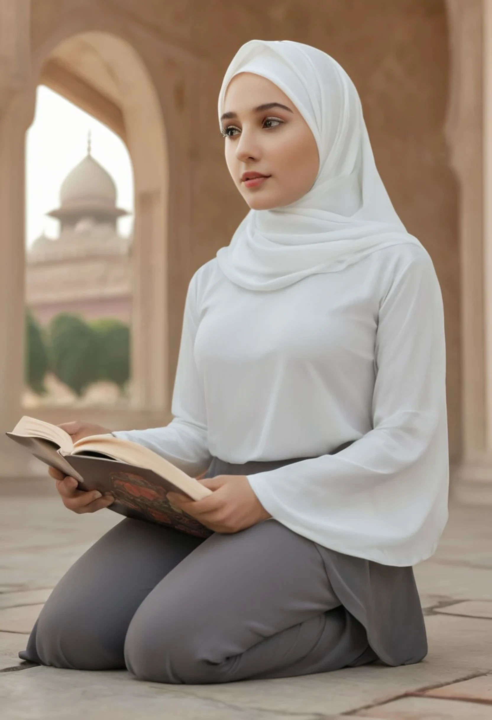 1girl, solo, beautiful face, high detailed realistic eyes, double eyelids, high detailed realistic pupils, (upon body from head to waist:1.36), (wearing hijab:1.37), (moslem headscarf:1.37), reading glasses, sitting alone on a long chair, amazing mosque park background, taj mahal, best quality, masterpiece, highres, black and white moslem female dress, Beautiful face, (upon body from head to waist:1.35), tyndall effect, photorealistic, dark studio, two tone lighting, 8k uhd, dslr, soft lighting, high quality, volumetric lighting, candid, Photograph, high resolution, 4k, 8k, Bokeh, (hyperrealistic girl), (illustration), (high resolution), (extremely detailed), (best illustration), (beautiful detailed eyes), (best quality), (ultra-detailed), (masterpiece), (wallpaper), (photorealistic), (natural light), (rim lighting), (detailed face), (high detailed realistic skin face texture), (anatomically correct), (heterochromic eyes), (detailed eyes), (sparkling eyes), (dynamic pose), (hair completely covered by the hijab:1.35), looking to viewer