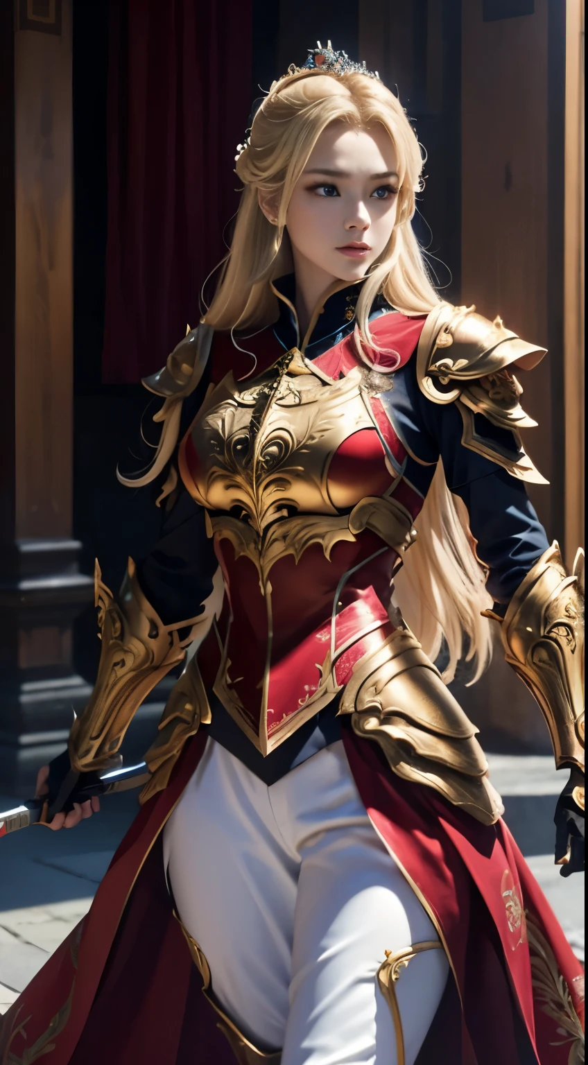 8K,Blonde girl wearing luxurious red, white, gold and blue chest armor, Super beauty(Like the real thing)real looking skin,美しいPrincess Knight,Blue eyes, Princess Knight, ((美しい幻想的なPrincess Knight)), An elegant , gorgeous princess paladin,  美しいPrincess Knight,超A high resolution,Masterpiece,A hyper-realistic,Fantasyart,curacter art,cinestill 800,alluring glance,A sexy,a closeup,A sexyな胸鎧,細くwell-muscledな身体,combat scene,action scene,actionpose,Equipped with a rapier on the waist,Royal coat of arms carved into the chest armor,red and white luxurious cloak,Fight enemies,slender body,well-muscled,gorgeous red and black pants(Golden embroidery),huge round chest,Juvenile look,Rugged look,身長が低いPrincess Knight, small waist, huge breast, breast armor