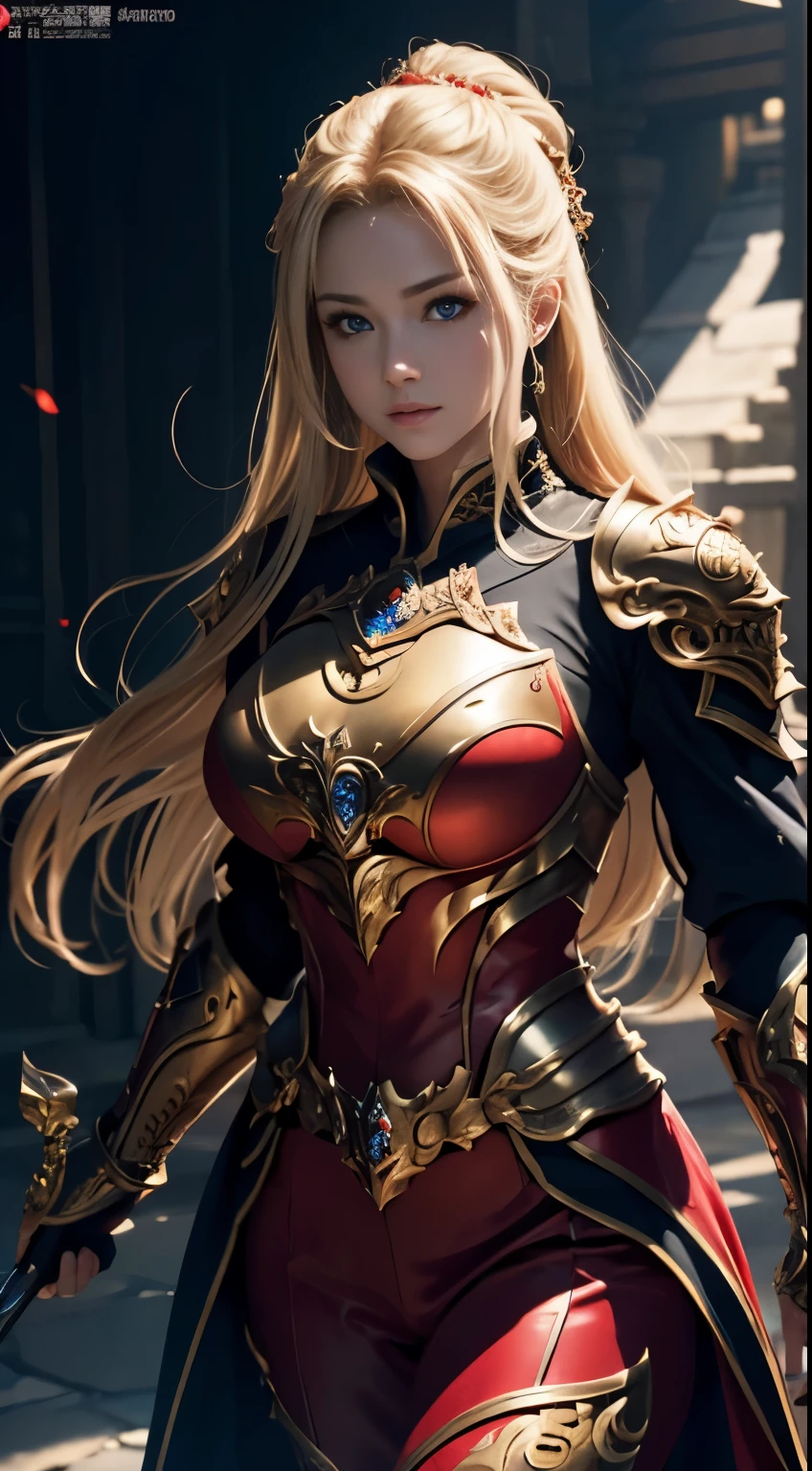 8K,Blonde girl wearing luxurious red, white, gold and blue chest armor, Super beauty(Like the real thing)real looking skin,美しいPrincess Knight,Blue eyes, Princess Knight, ((美しい幻想的なPrincess Knight)), An elegant , gorgeous princess paladin, 美しいPrincess Knight,超A high resolution,Masterpiece,A hyper-realistic,Fantasyart,curacter art,cinestill 800,alluring glance,A sexy,a closeup,A sexyな胸鎧,細くwell-muscledな身体,combat scene,action scene,actionpose,Equipped with a rapier on the waist,Royal coat of arms carved into the chest armor,red and white luxurious cloak,Fight enemies,slender body,well-muscled,gorgeous red and black pants(Golden embroidery),huge round chest,Juvenile look,Rugged look,身長が低いPrincess Knight, small waist, huge breast, breast armor