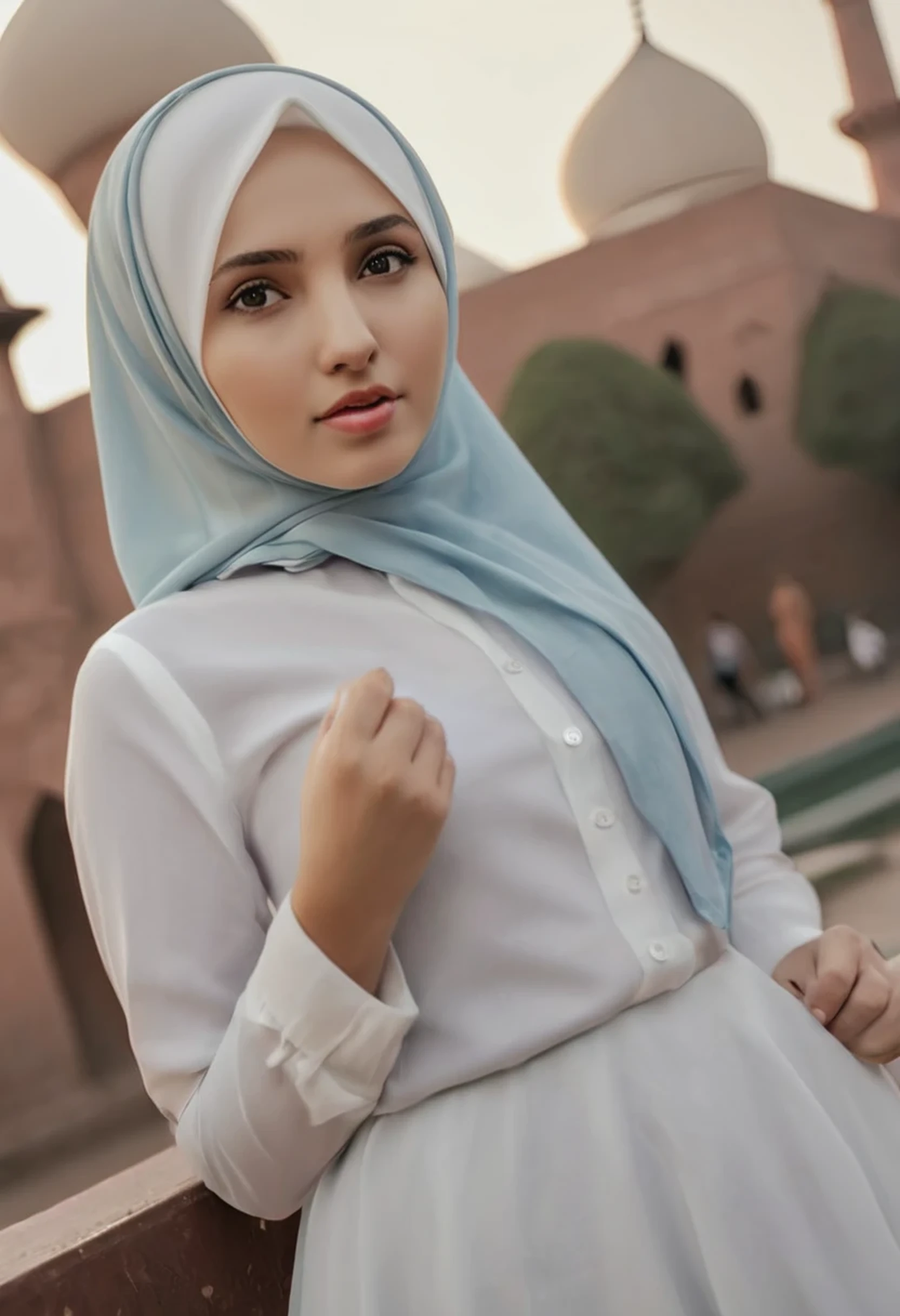 1girl, solo, beautiful face, high detailed realistic eyes, double eyelids, high detailed realistic pupils, (upon body from head to waist:1.36), (wearing hijab:1.37), (moslem headscarf:1.37), reading glasses, sitting alone on a long chair, amazing mosque park background, taj mahal, best quality, masterpiece, highres, black and white moslem female dress, Beautiful face, (upon body from head to waist:1.35), tyndall effect, photorealistic, dark studio, two tone lighting, 8k uhd, dslr, soft lighting, high quality, volumetric lighting, candid, Photograph, high resolution, 4k, 8k, Bokeh, (hyperrealistic girl), (illustration), (high resolution), (extremely detailed), (best illustration), (beautiful detailed eyes), (best quality), (ultra-detailed), (masterpiece), (wallpaper), (photorealistic), (natural light), (rim lighting), (detailed face), (high detailed realistic skin face texture), (anatomically correct), (heterochromic eyes), (detailed eyes), (sparkling eyes), (dynamic pose), (hair completely covered by the hijab:1.35), looking to viewer