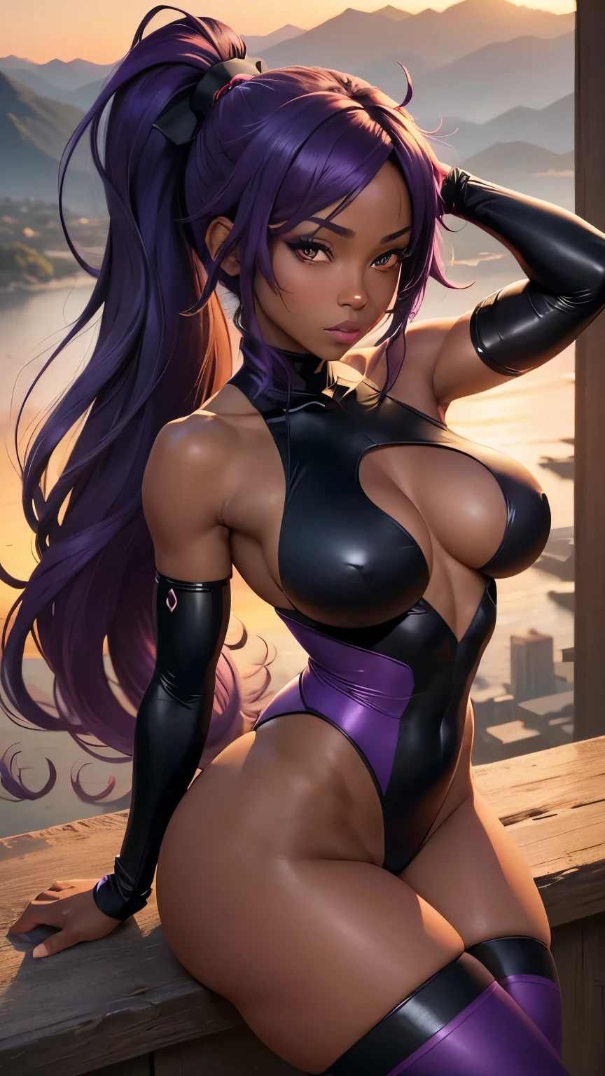 (masterpiece), best quality, expressive eyes, perfect face, front view, 1girl, shihouin yoruichi, ((dark-skinned female)), ((dark skin)), leotard, thighhighs, purple hair, long hair, ponytail, perfect breasts, thighs, mountains, sunset, from above , eyes detail