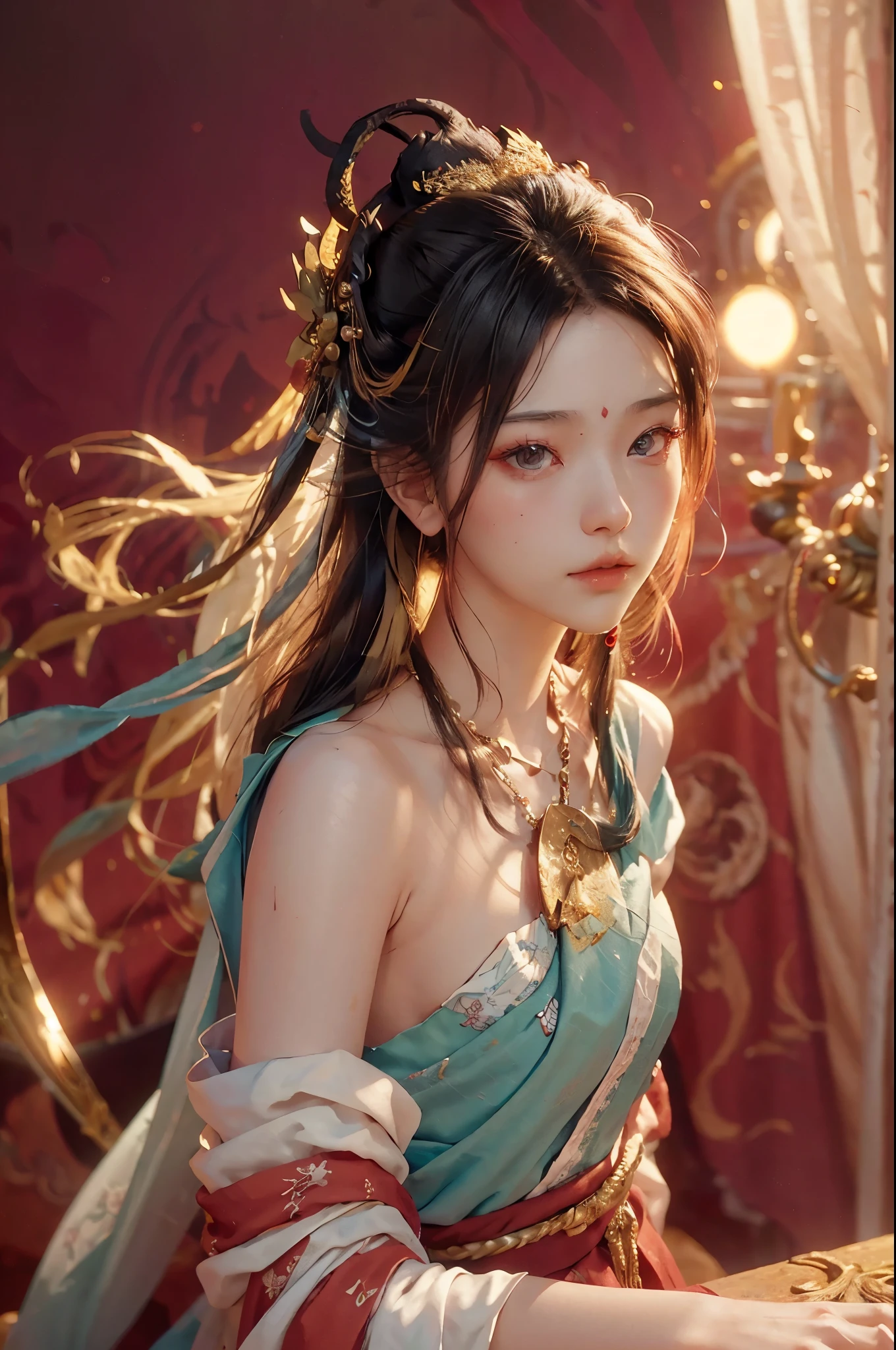 NSFW，（RAW photo，best quality），（Realistic，Realisticな写真：1.3），best quality，very detailed，master piece，super detailed，enlightenment，1 girl，upper_body，dynamic angle，Masterpiece theater of the world，Messy_length_hair，best quality，very detailed CG Unity 8K 壁紙，ink，amazing，cinematic lighting，lens_flare，Dunhuang_style，That&#39;s a perfect face，delicate face，eye，milky white skin，Dusk background（Red sunset，1.5），ancient China，calm and mature，Draped with hair