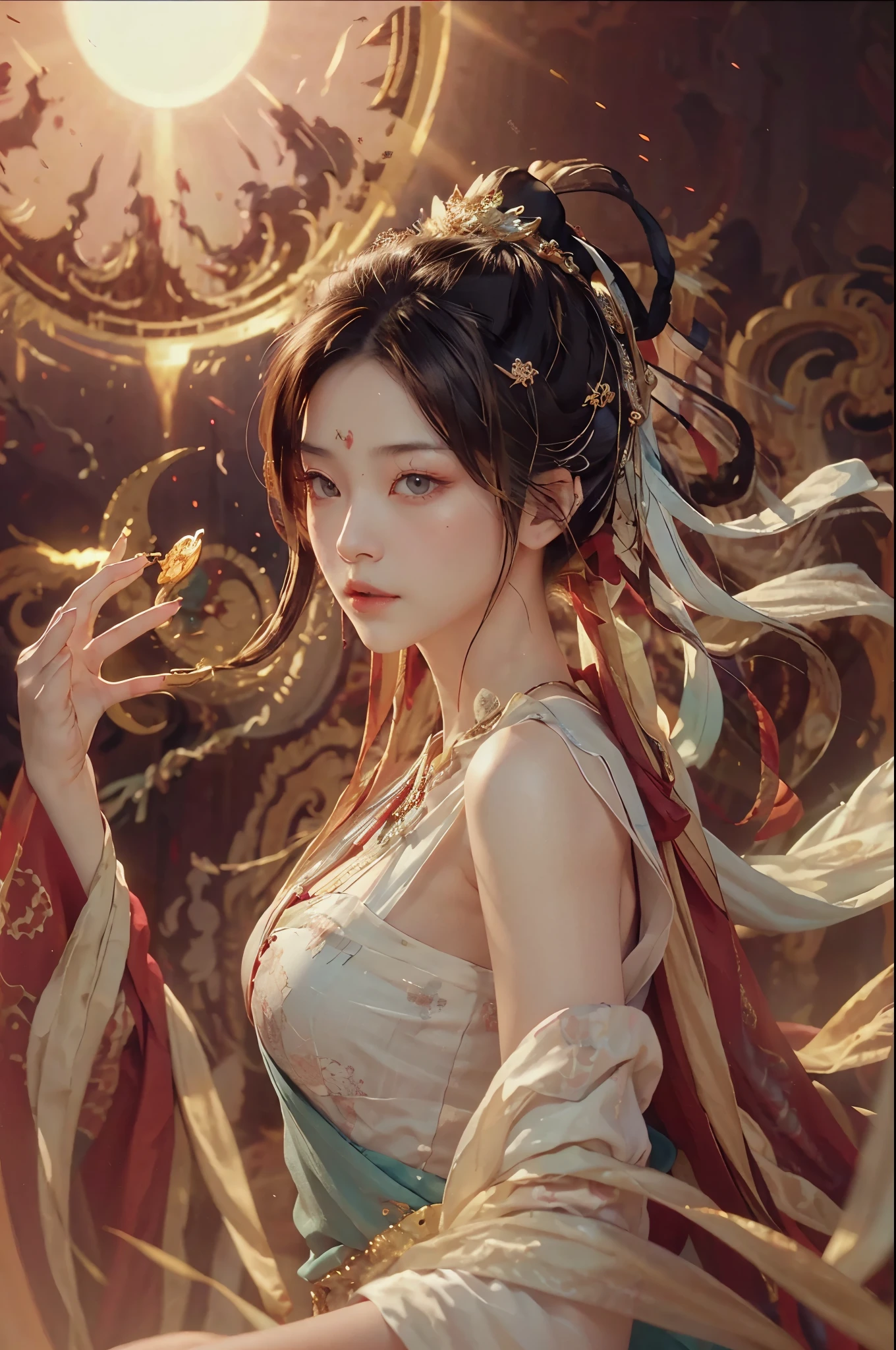 NSFW,(RAW photo,best quality),(Realistic,Realisticな写真:1.3),best quality,very detailed,master piece,super detailed,enlightenment,1 girl,upper_body,dynamic angle,Masterpiece theater of the world,Messy_length_hair,best quality,very detailed CG Unity 8K 壁紙,ink,amazing,cinematic lighting,lens_flare,Dunhuang_style,That's a perfect face,delicate face,eye,milky white skin,Dusk background(Red sunset,1.5),ancient China,calm and mature,Draped with hair