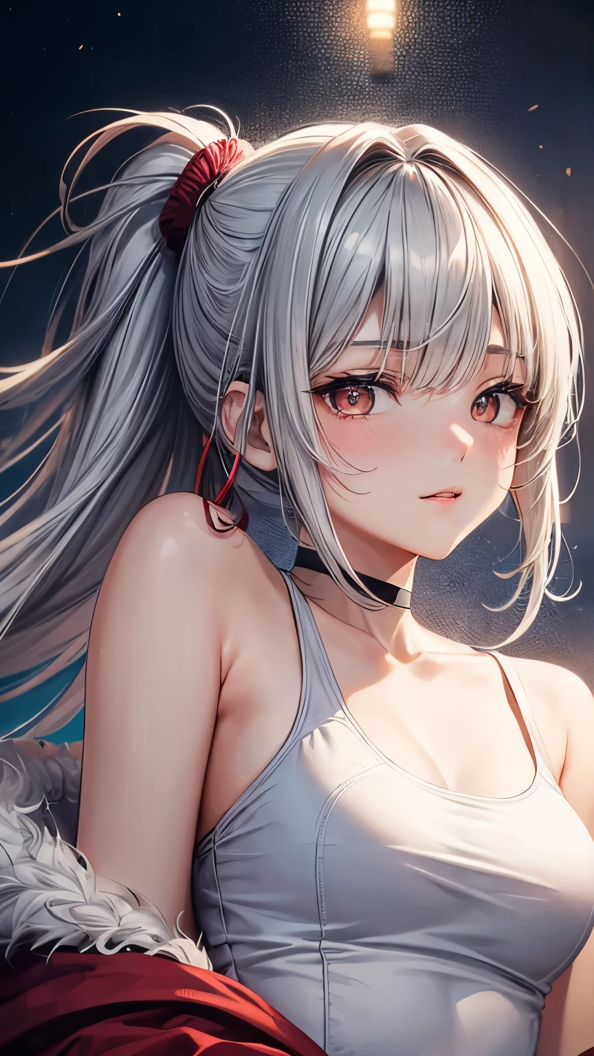 Japanese lady (( middle breast, slender)),very short ponytail ((blonde hair)),(( much shaggy forelock:1.4)), white dress shirt, wearing a beige coat, maxi length skirt (( monotone gradient)),(( deep red big droopy eyes)), eyelashes, looks warm smile (( corner of her mouth rises)), gentle and warm atmosphere, ((face focus))