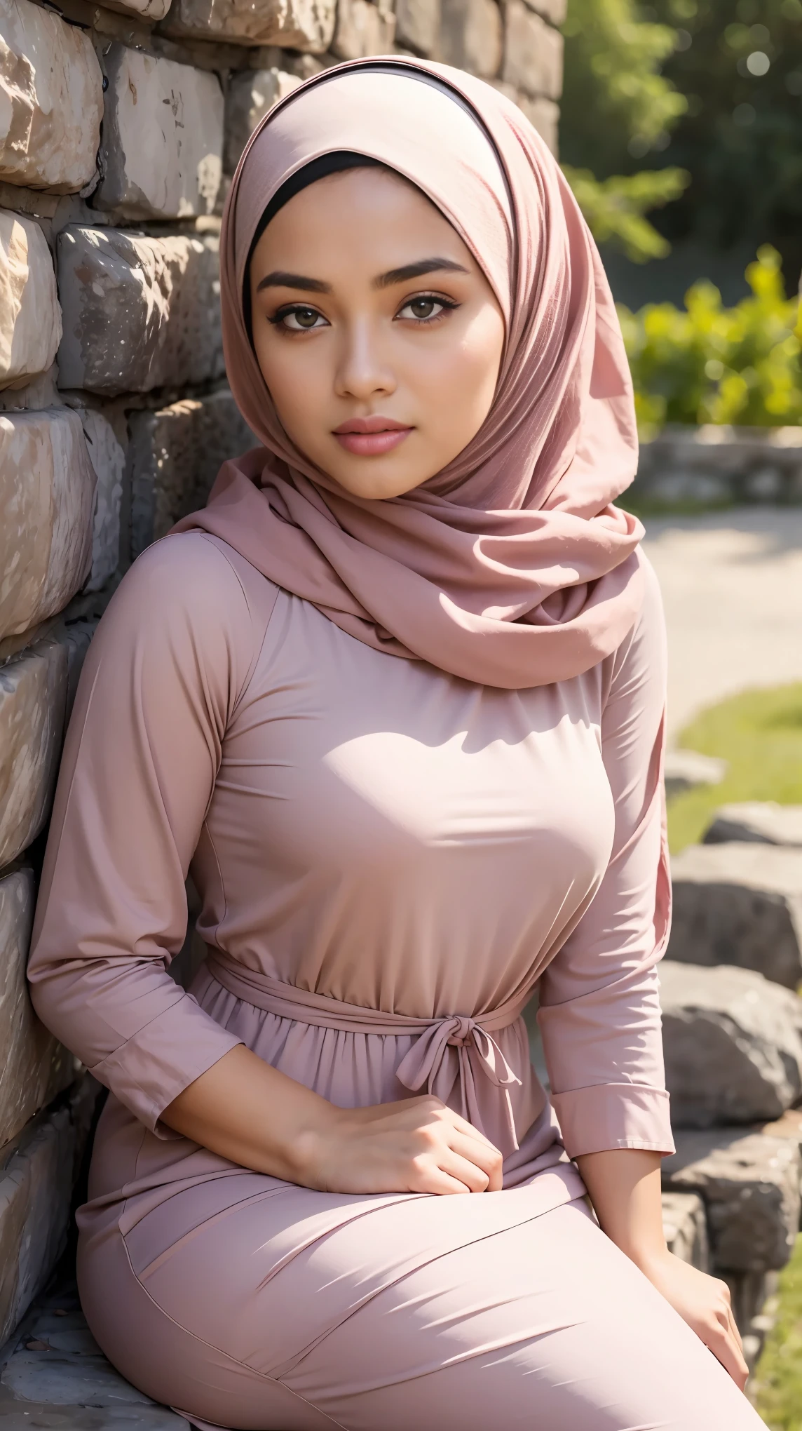 (Close Up),RAW, Best quality, high resolution, masterpiece: 1.3), beautiful Malay woman in hijab,Masterpiece, perfect slim fit body,small breast, big gorgeous eyes, Soft smile,beautiful face,thick thighs, woman sitting on a stone wall with a bag and a backpack, feminine in cute pastel shades, feminine in pastel shades, hijab, with lovely look, handsome girl, casual pose, wearing beautiful clothes, simple dress, inspired by Fathi Hassan  , very attractive and beautiful, Excellent lighting, Bright colors, Clean lines