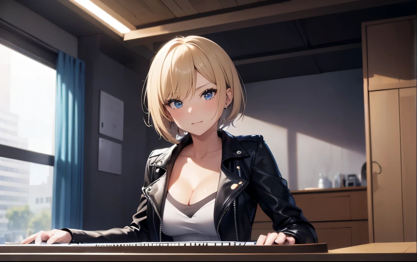 High resolution, 2D anime style,,blue eyes beautiful eyes,high and beautiful nose,thin face,blonde boyish short hair,Cool adult woman,chest is a little big,She looks very happy,bite'lips, she was very angry, she narrows her eyes,Punk fashion that shows cleavage,she is wearing a leather jacket and shorts,I play the piano,Inside the studio