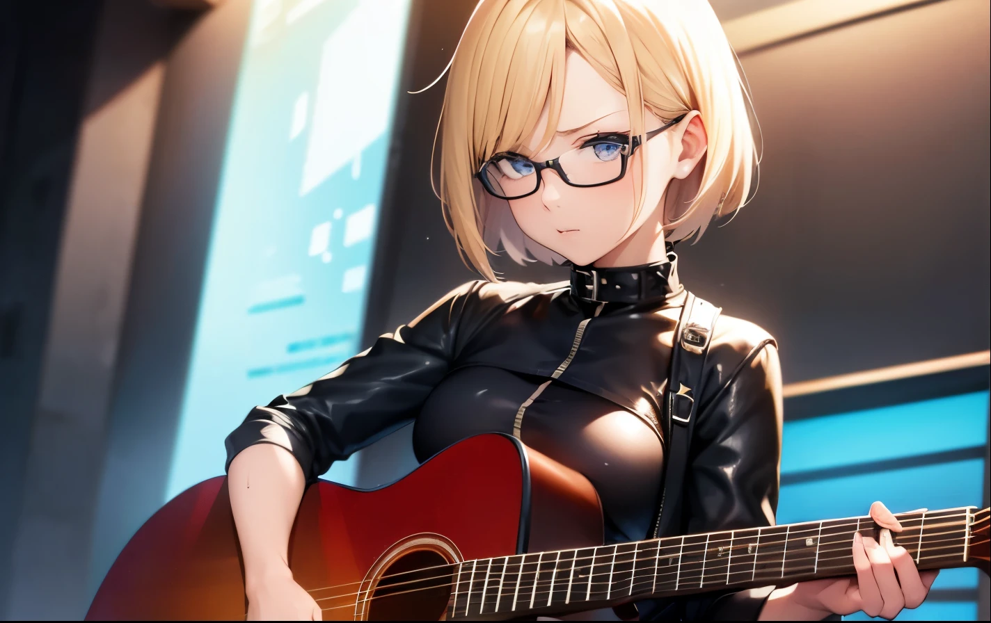 High resolution, 2D anime style,,blue eyes beautiful eyes,high and beautiful nose,thin face,blonde boyish short hair,Cool adult woman,chest is a little big,She looks very happy,bite'lips, she was very angry, she wears glasses,she narrows her eyes,Punk fashion that shows cleavage,she is wearing a leather jacket and shorts.,have a guitar,i play the guitar,sing,Inside the studio