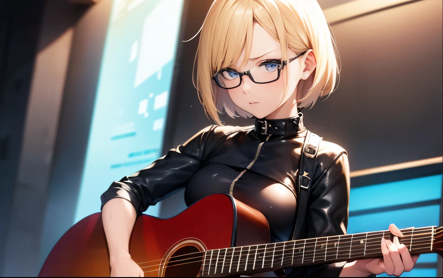 High resolution, 2D anime style,,blue eyes beautiful eyes,high and beautiful nose,thin face,blonde boyish short hair,Cool adult woman,chest is a little big,She looks very happy,bite'lips, she was very angry, she wears glasses,she narrows her eyes,Punk fashion that shows cleavage,she is wearing a leather jacket and shorts.,have a guitar,i play the guitar,sing,Inside the studio