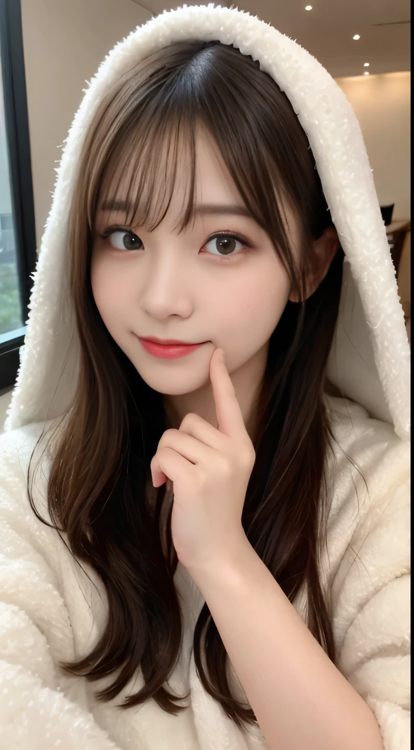 table top, highest quality, figure, super detailed, finely, High resolution, 8k wallpaper, 完璧なダイナミックな構figure, beautiful and fine eyes, white fluffy winter clothes,medium hair,,natural color lip, bold sexy pose,smile,mansion(room,Bet)、20 year old girl、cute、sexy shot looking at camera,perfect and beautiful face and fingers,Take a close-up photo of your face,Take only the face