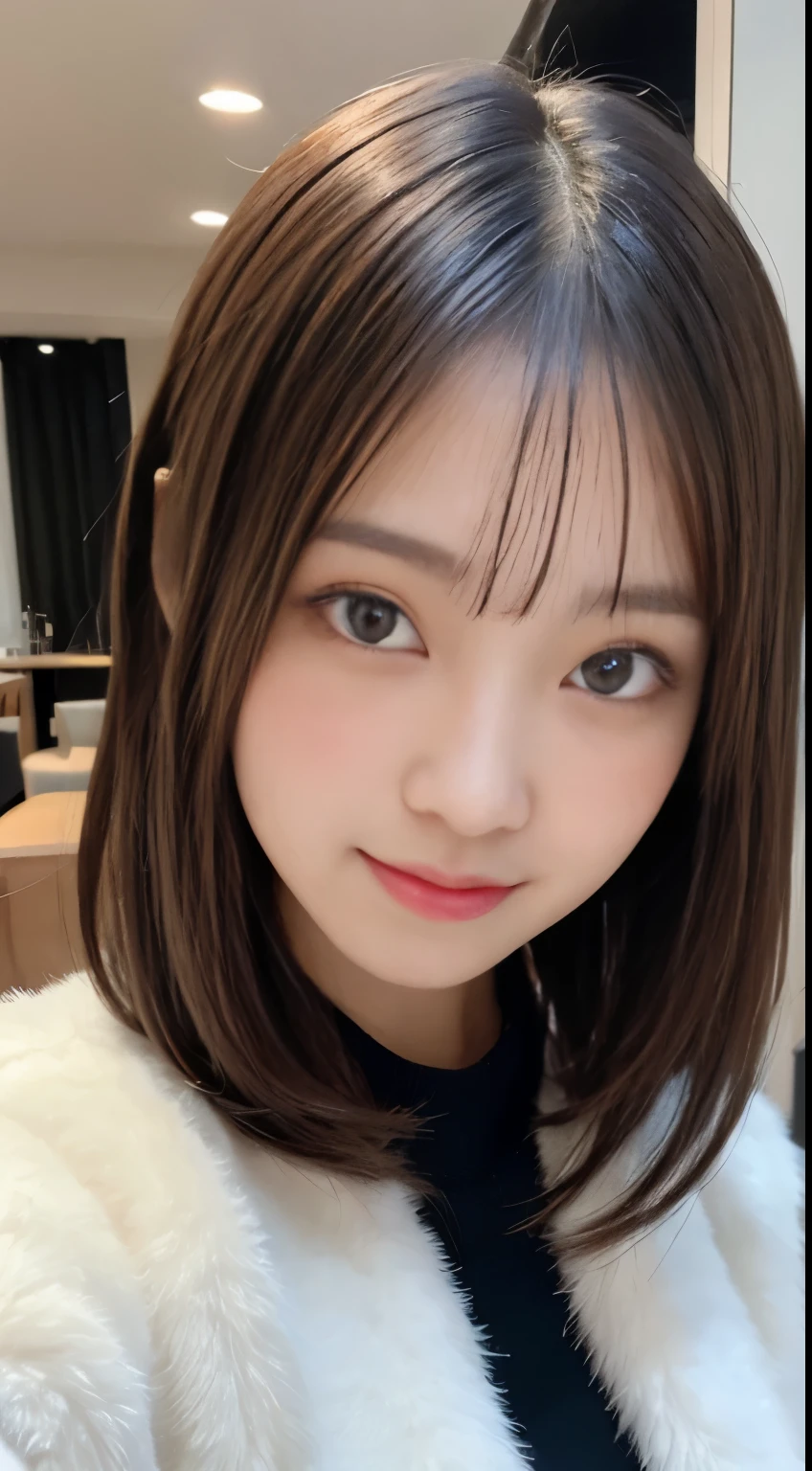 table top, highest quality, figure, super detailed, finely, High resolution, 8k wallpaper, 完璧なダイナミックな構figure, beautiful and fine eyes, white fluffy winter clothes,medium hair,,natural color lip, bold sexy pose,smile,mansion(room,Bet)、20 year old girl、cute、sexy shot looking at camera,perfect and beautiful face and fingers,Take a close-up photo of your face,Take only the face