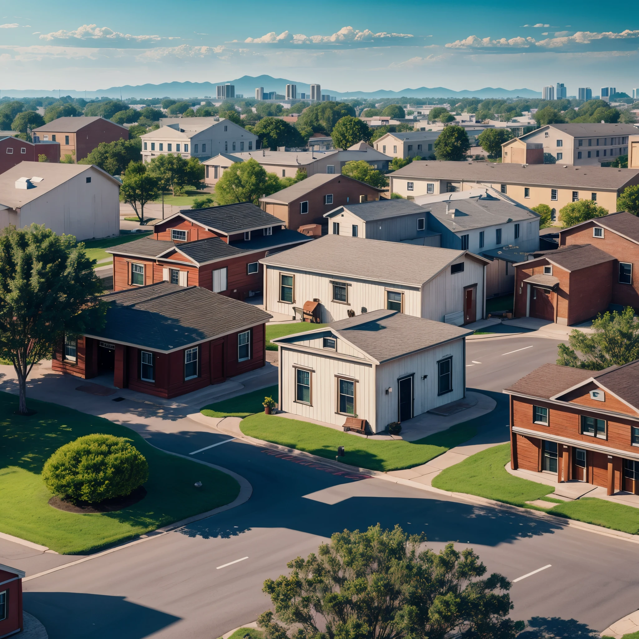 Landscape with buildings, (Americana:1.6), hyper realistic, 8k, vibrant colors, sharp image