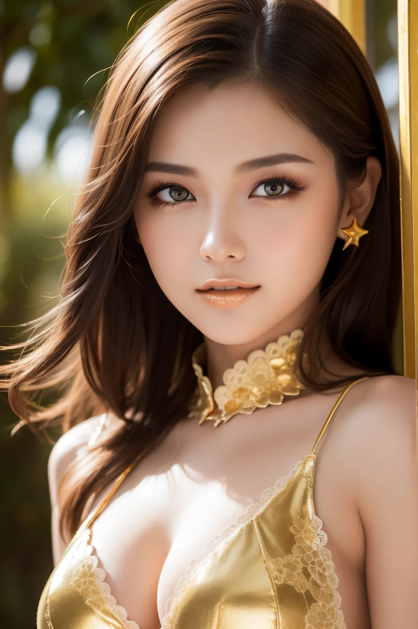 (1girl), Beautiful, Amazing face and eyes, makeup, (extremely detailed beautiful face), blonde hair, (the most sexy look), (Beautiful big breasts:1.3), (Best Quality:1.4), (Ultra-detailed), (extremely detailed CG unified 8k wallpaper), Highly detailed, Vibrant colors, Professional Photography, (golden lace costume:1.3), Outdoor, golden illumination, (Super flashy photos:1.5), ((dazzling light)), Backlighting, Ray of light, shining photos, (golden photos:1.5), Dreamy, depth of fields