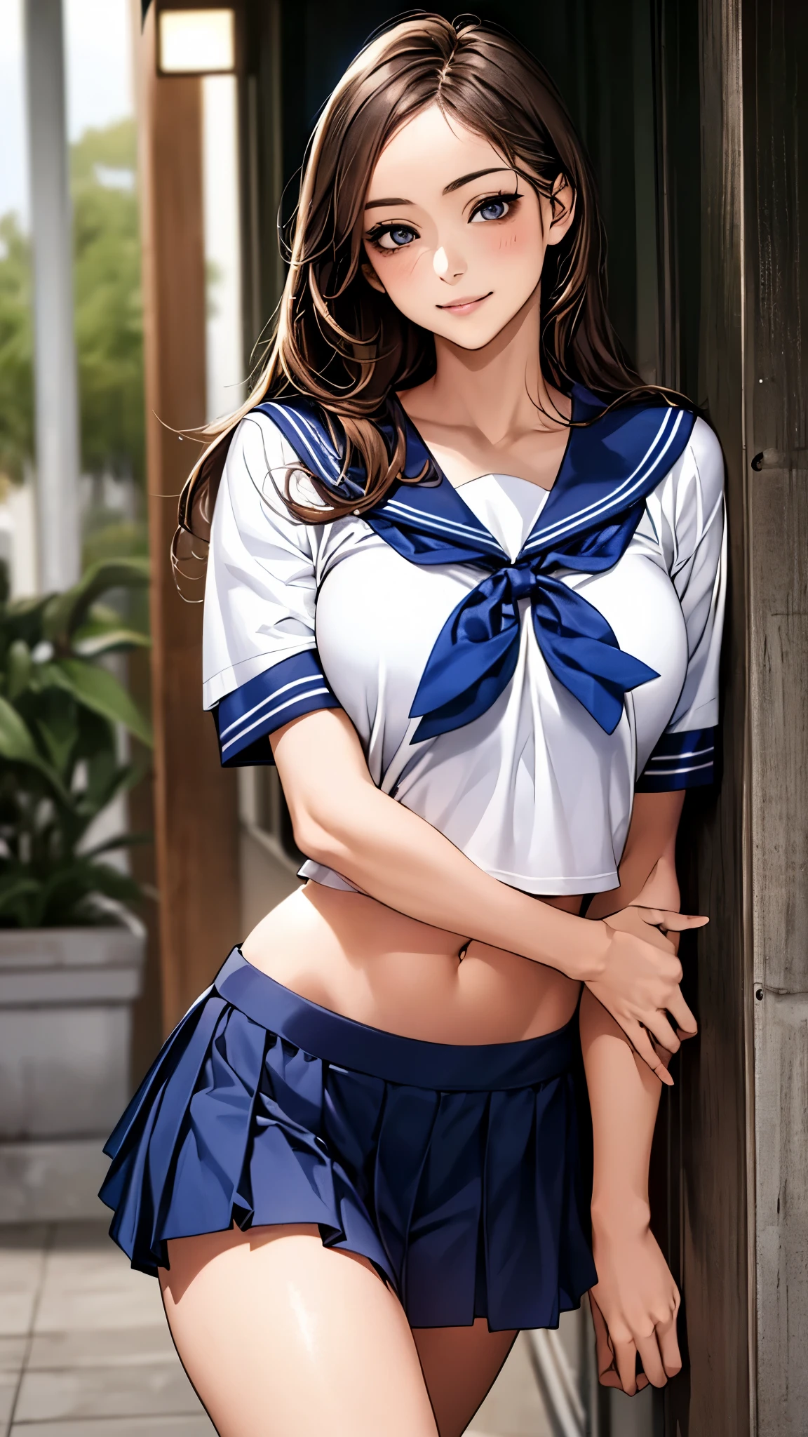 (masterpiece:1.2, top-quality), (realistic, photorealistic:1.4), beautiful illustration, (natural side lighting, movie lighting), 
looking at viewer, 1 girl, japanese, high school girl, perfect face, cute and symmetrical face, shiny skin, slender,
(middle hair:1.5, straight hair, light brown), parted bangs, long eye lasher, large breasts:0.8, 
beautiful hair, beautiful face, beautiful detailed eyes, beautiful clavicle, beautiful body, beautiful chest, beautiful thigh, beautiful legs, beautiful fingers, 
((detailed cloth texture, midriff, short sleeves navy cute sailor suit, navy pleated mini skirt, navy sailor collar, blue sailor scarf)), 
(beautiful scenery), morning, (down town), standing, (cute, lovely smile, upper eyes), 