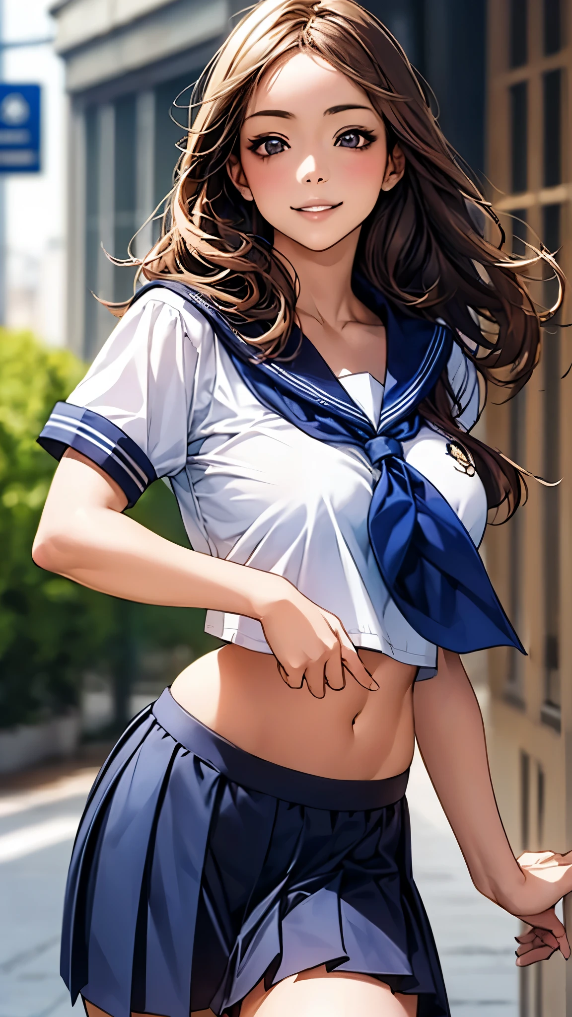 (masterpiece:1.2, top-quality), (realistic, photorealistic:1.4), beautiful illustration, (natural side lighting, movie lighting), 
looking at viewer, 1 girl, japanese, high school girl, perfect face, cute and symmetrical face, shiny skin, slender,
(middle hair:1.5, straight hair, light brown), parted bangs, long eye lasher, large breasts:0.8, 
beautiful hair, beautiful face, beautiful detailed eyes, beautiful clavicle, beautiful body, beautiful chest, beautiful thigh, beautiful legs, beautiful fingers, 
((detailed cloth texture, midriff, short sleeves navy cute sailor suit, navy pleated mini skirt, navy sailor collar, blue sailor scarf)), 
(beautiful scenery), morning, (down town), standing, (cute, lovely smile, upper eyes), 