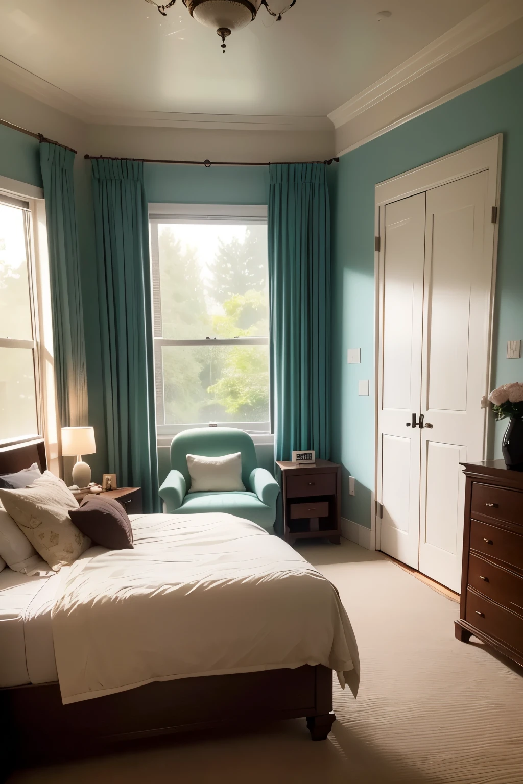 Deluxe room with a large nursing bed, adorned with soft and plush furnishings, creating a warm and inviting atmosphere for those in need of rest and healing. The nursing bed, with its luxurious linens and supportive pillows, stands as the centerpiece of the room, inviting relaxation and rejuvenation. A delicate flower arrangement sits atop the bedside table, adding a touch of nature to the space. calming colors dominate the room, creating a soothing environment, while the large windows offer a glimpse of the lush greenery outside. This deluxe room is a perfect retreat for those seeking solace and comfort.