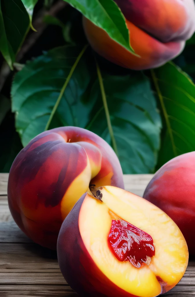 (best quality, highres, HDR:1.2), juicy sliced peaches, dripping juice, vibrant colors, close-up, mouthwatering, luscious, succulent, refreshing, appetizing, summer fruits, delicious, sweet and tangy, ripe, fresh, abundant, temptation, temptation, abundant, nature's bounty